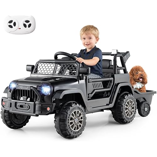 Costzon Ride on Car with Detachable Trailer, 12V Battery Powered Ride on Truck with Parent Remote Control, Light & Music, Electric Vehicle Kids Car Toy for Boys & Girls (Black)