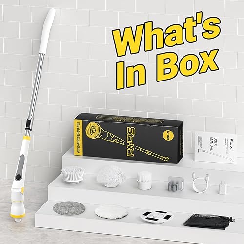 Miniatura 7 de StarVal Depurador eléctrico giratorio, limpiador de ducha eléctrico con mango largo, 2 velocidades, 3 ángulos ajustables, 8 cabezales de cepillo de