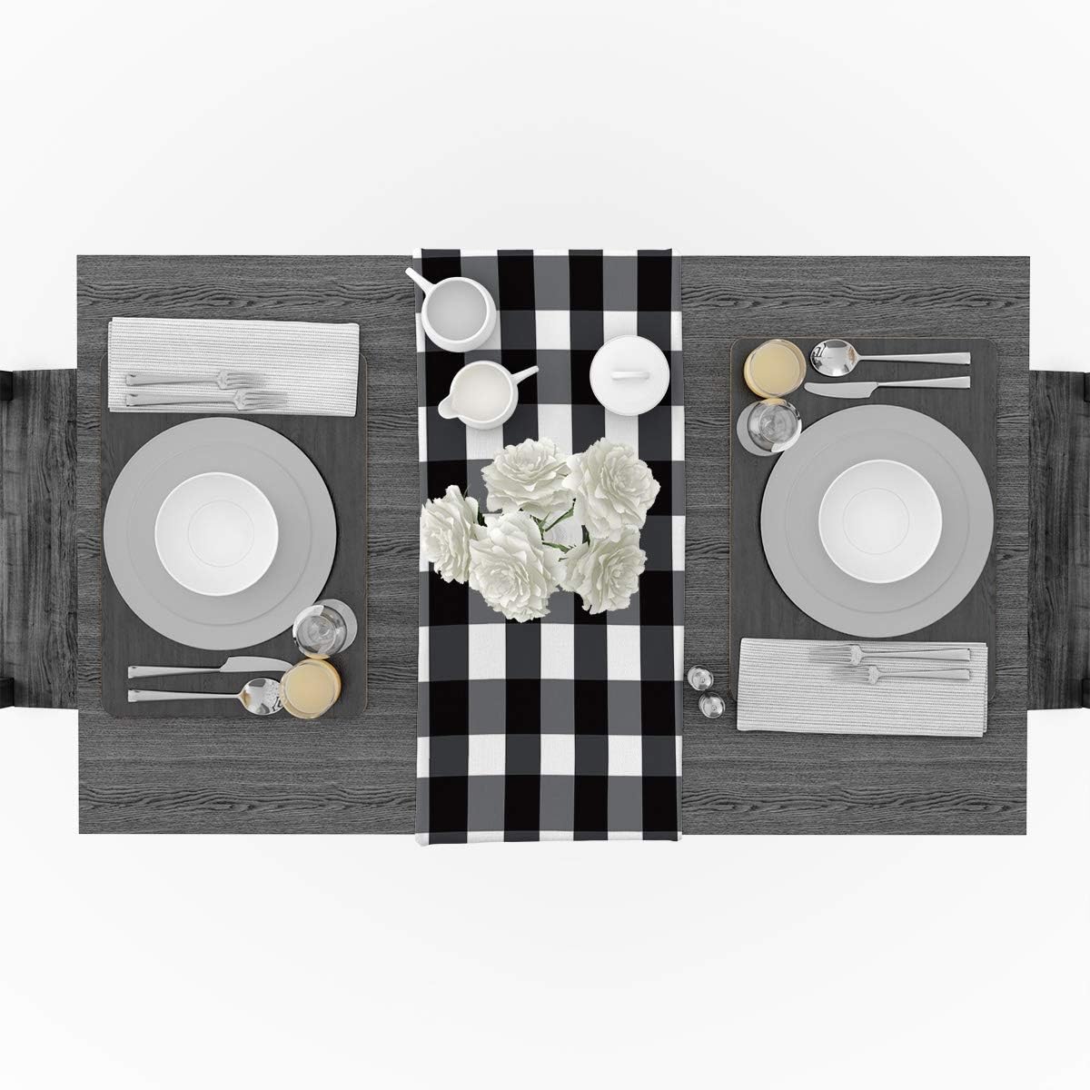 Free Shipping Offer Greeeen Linen Burlap Table Runner, Buffalo Check Kitchen Table Runners for Family Dinner, Banquet, Parties and Celebrations, Black and White Plaid Table Decor, 13 x 70 inch