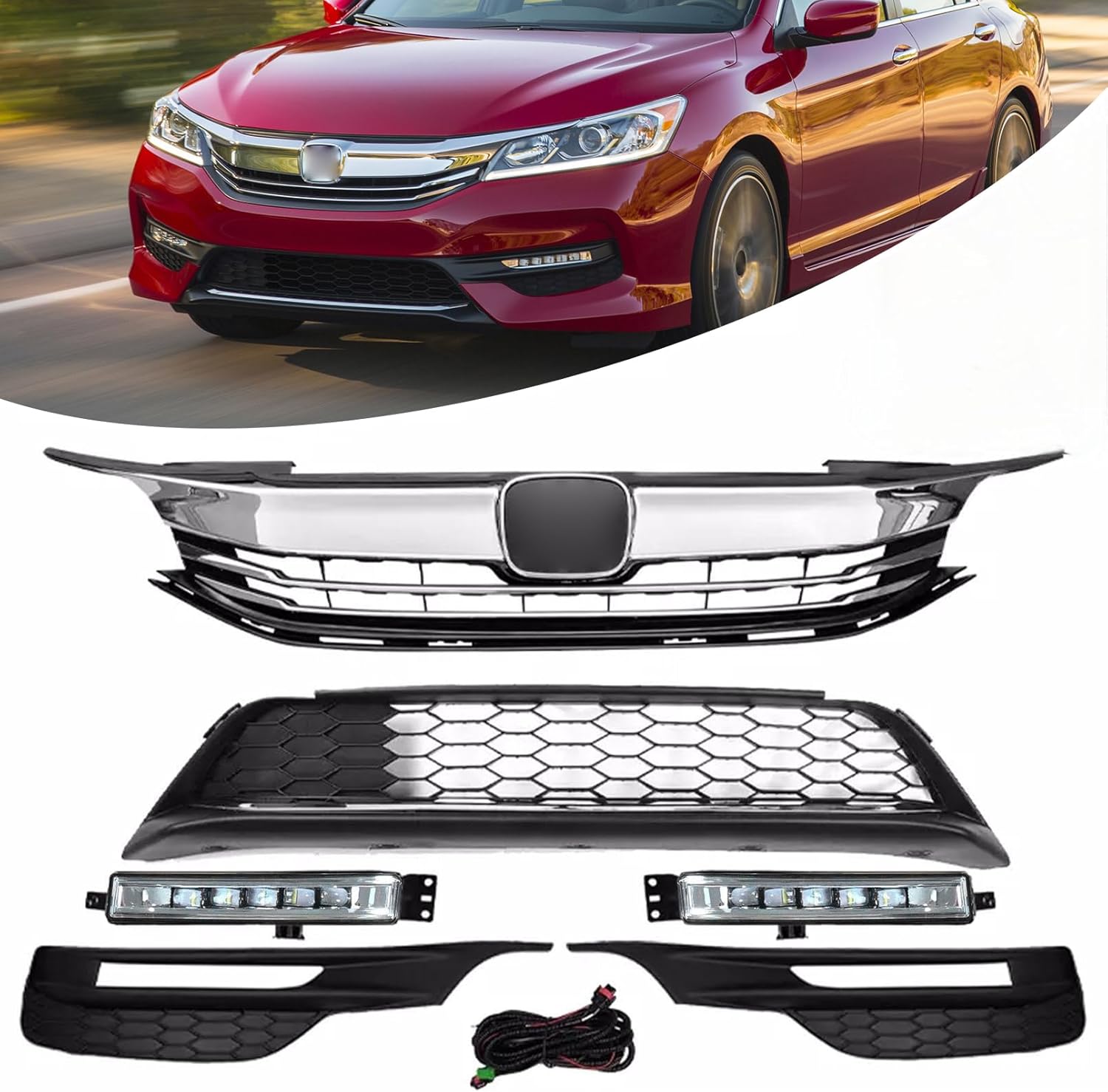 Front Bumper Upper & Lower Grille & LED Fog Lights Lamps Set Fit For 2016 2017 Honda Accord Sedan 6pcs Front Upper Lower Grille Kit Replacement