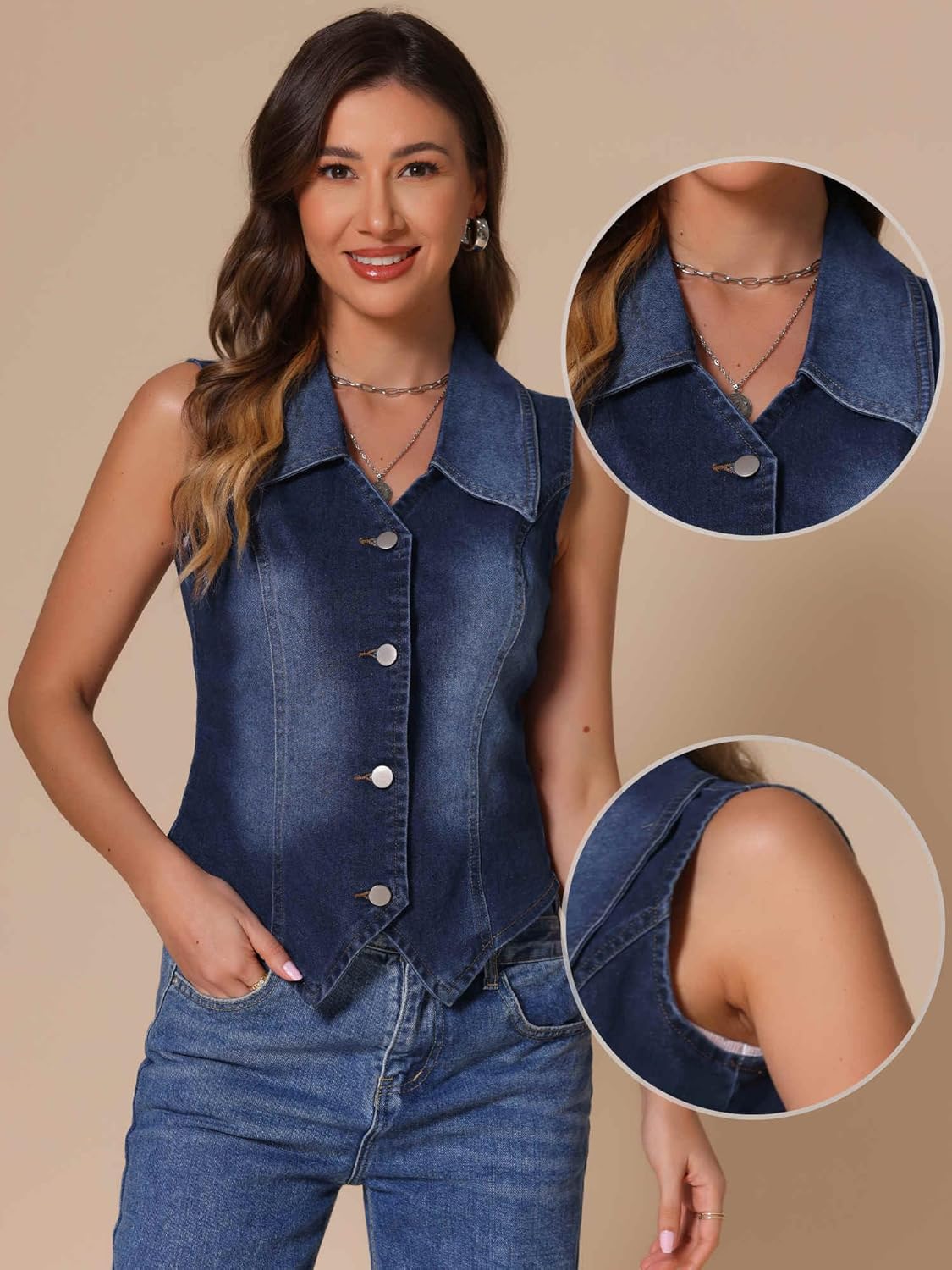 Allegra K Denim Vest for Women's Sleeveless Jean Jacket Western Tops Button Down Lapel Waistcoat Vests - Image 4
