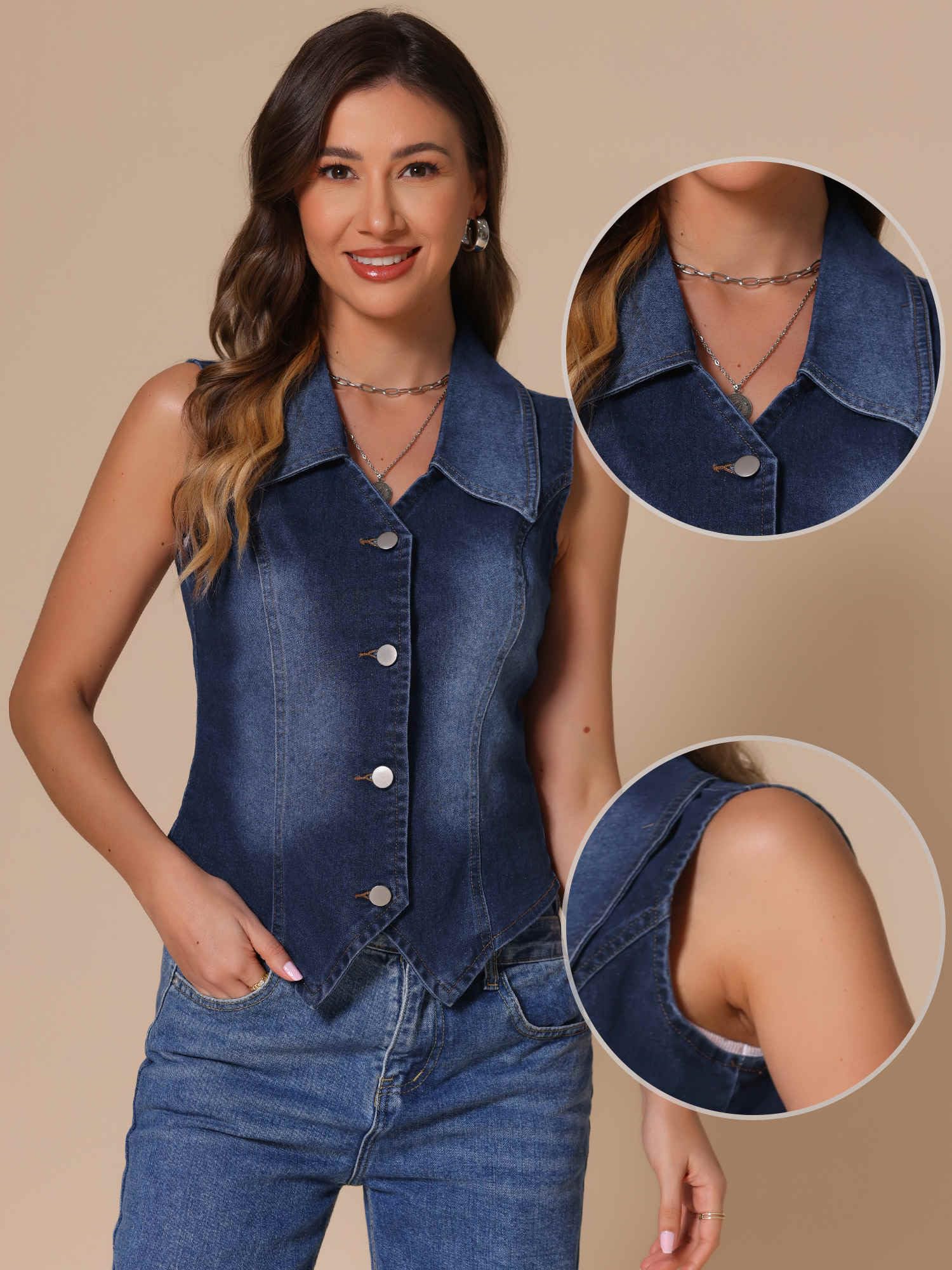 Allegra K Gilet en Jean Femme Blouson sans Manches en Denim Délavé Veste Bouonné à Col en V