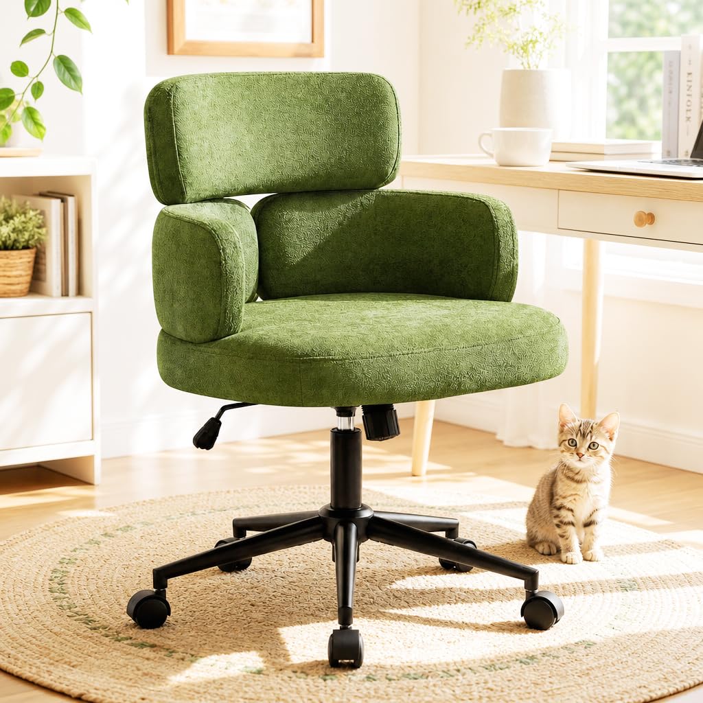 Hellove Schneidersitz Bürostuhl, Grün Höhenverstellbarer Drehstuhl Schminktisch für Homeoffice, ergonomischer Schreibtischstuhl mit festen Armlehnen und Rollen, gepolsterter Polsterstuhl 56 cm