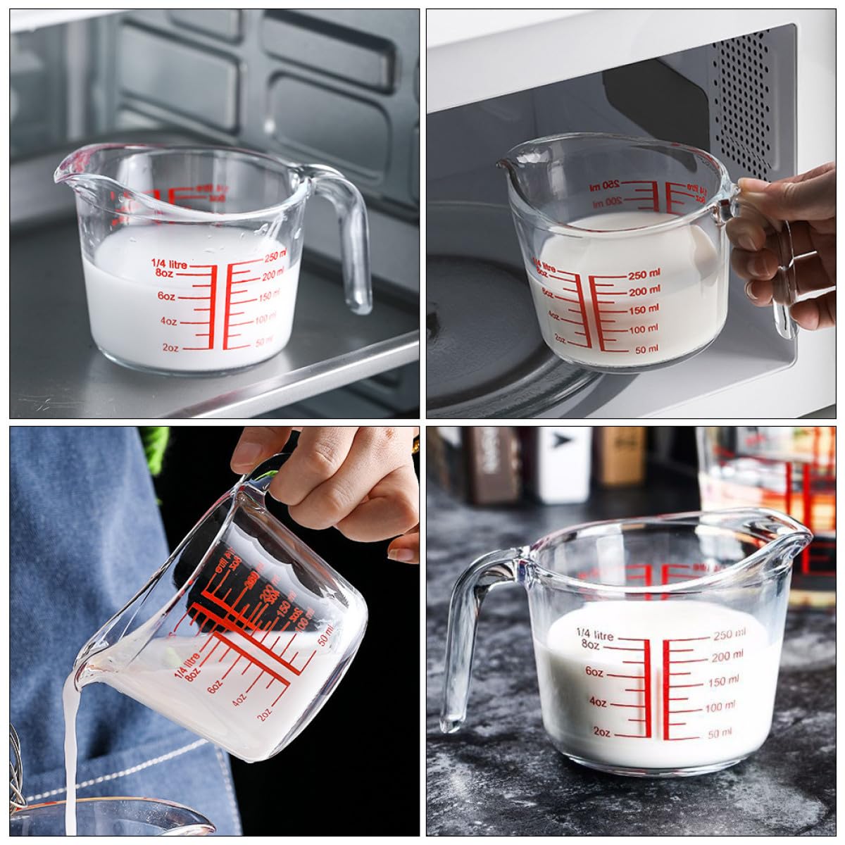 Vaso Medidor de Vidrio Templado Escala Graduada, 1 Pieza, Resistente al Calor, Adecuado para Leche y Cocina