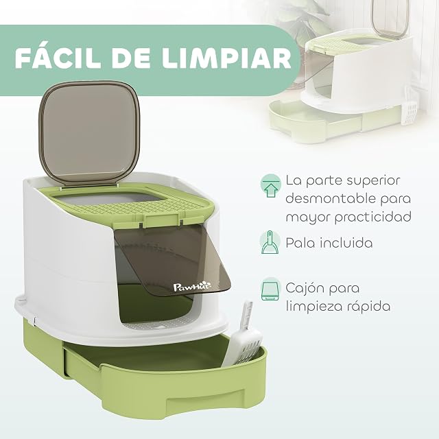 Foto 4 de 8 de PawHut Arenero para Gatos Cubierto Pala 40,5x52,5x42,5 cm Blanco y Verde