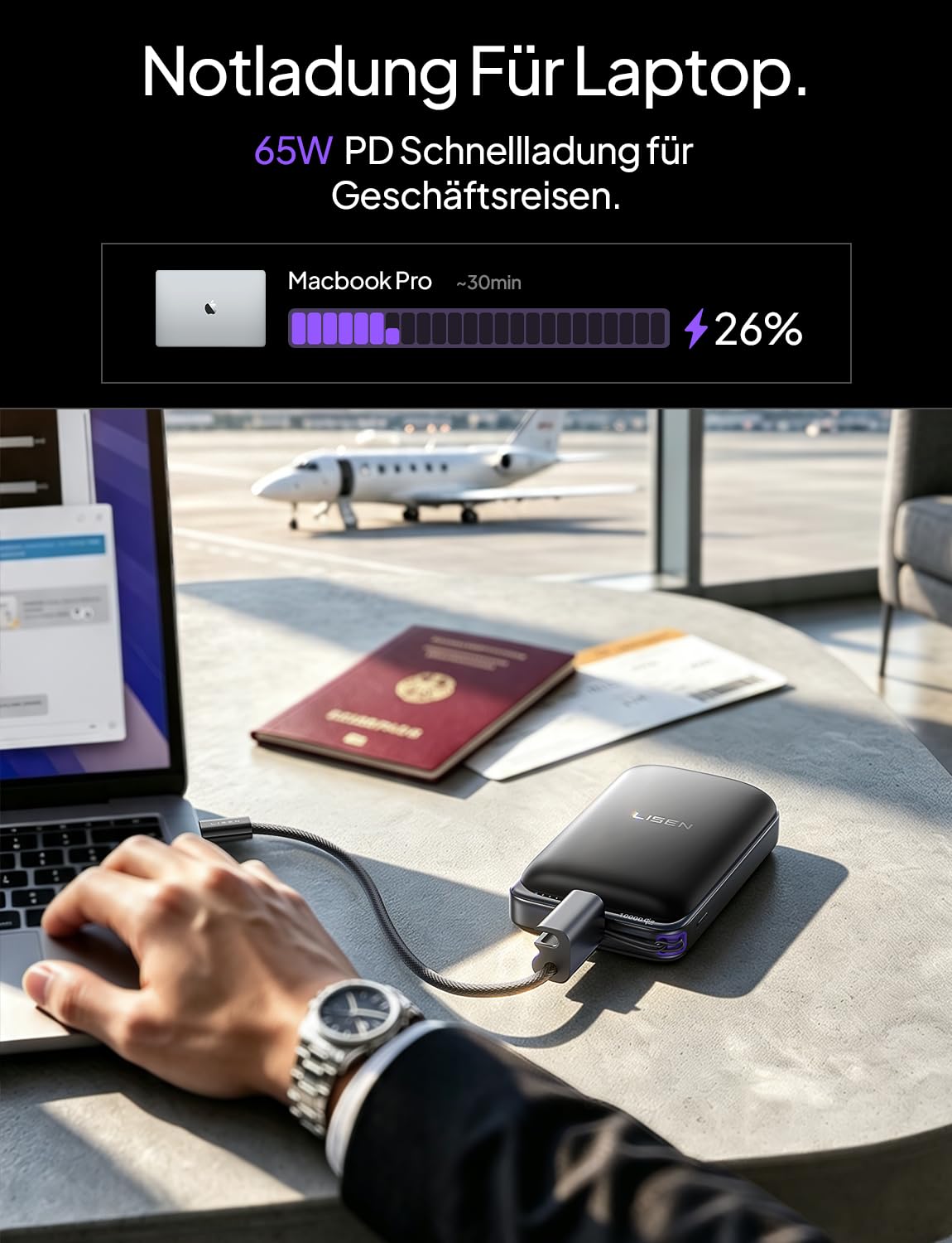 LISEN Powerbank Laptop 10000mAh 65W PD, Qi2.2 25W MagSafe, Laptop Powerbank für MacBook Air & USB-C Laptops, Flugzulassung, Zylindrische Zellen, Abnehmbares USB-C Kabel, iPhone 17 Pro Max/16/15
