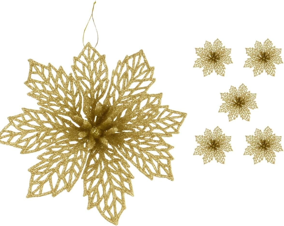 Kit C/ 6 Flores Dourado Enfeite Árvore De Natal Decoração Natalina Luxo