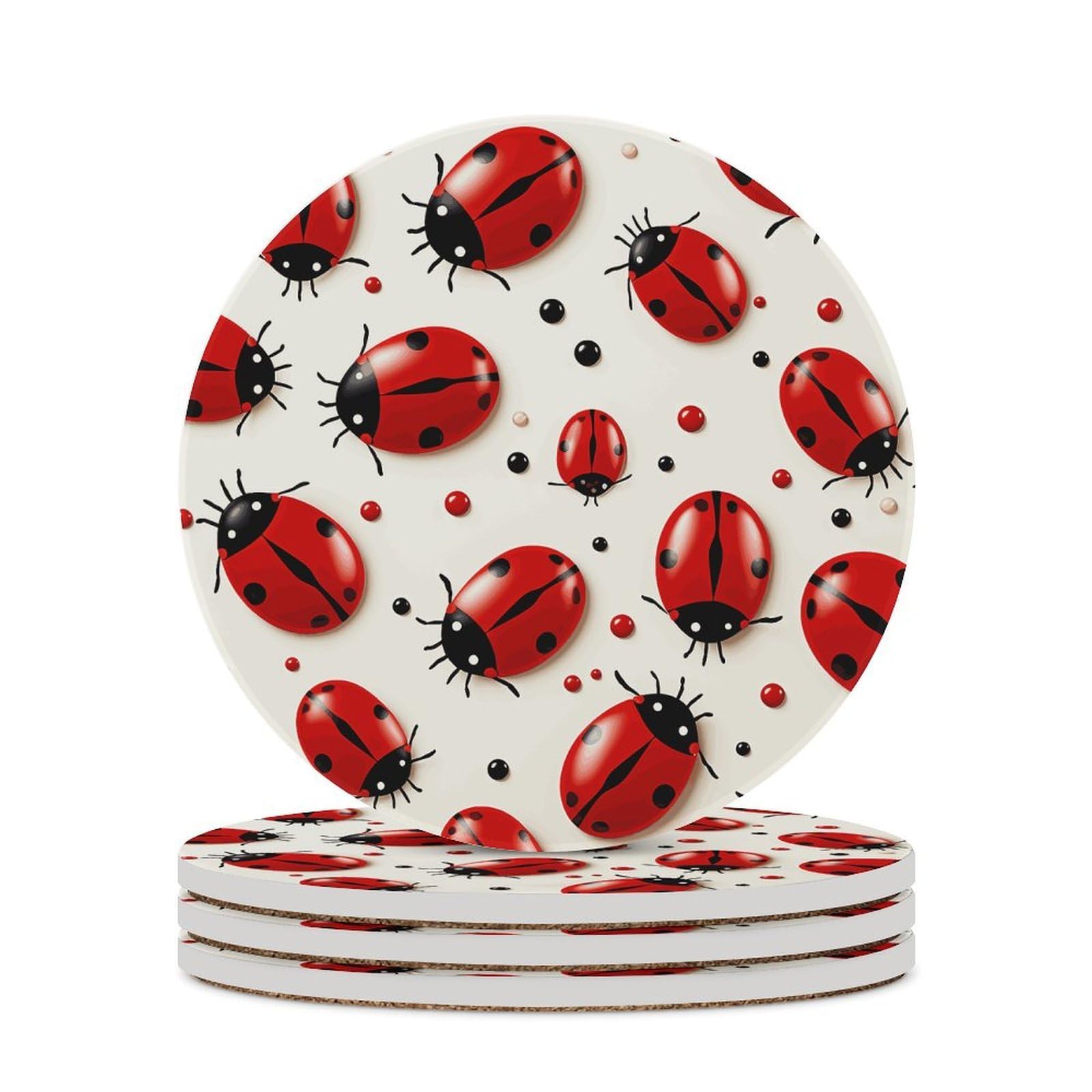 Red Ladybug Coaster with Cork Base Drink Coasters for Coffee Table Decor Modern Cup Coasters with Non-Slip & Heat-Resistant Cute Ceramic Table Coaster for Home Dining