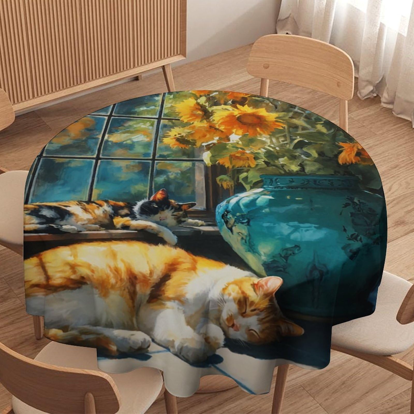 LUYYSKY Realistic Aesthetic Cute Kittens Round Tablecloth Beautiful Modern Spring Plants Sunflowers Animal Kittens Pattern Washable Decor for Table Cover for Kitchen-177.8" Wx177.8 L cm