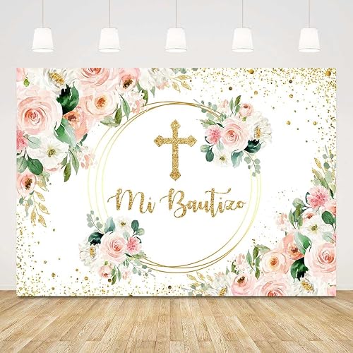 Sensfun Mi Bautizo Backdrop Gold Bless Spanish Baptism Girl First Holy Communion Party Decorations Pink Floral Gold Glitter Background Christening Newborn Photo Studio Booth Props 7x5ft