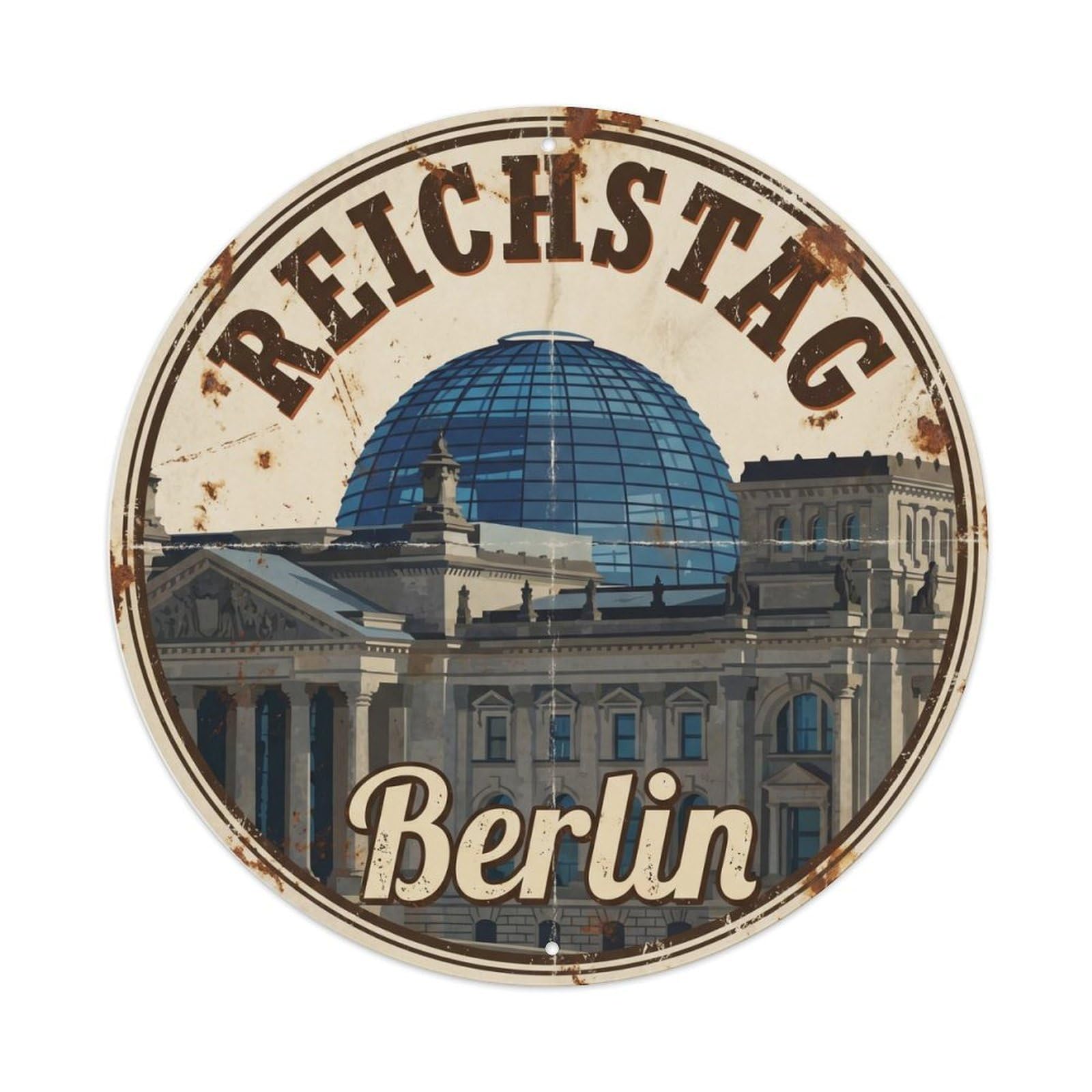Vintage Travel Reichstag Berlin Germany Metal Tin Sign Plaque Wall Decor for Cafe, Club Bar, Office, Home Garden Round Metal Poster 8x8Inch