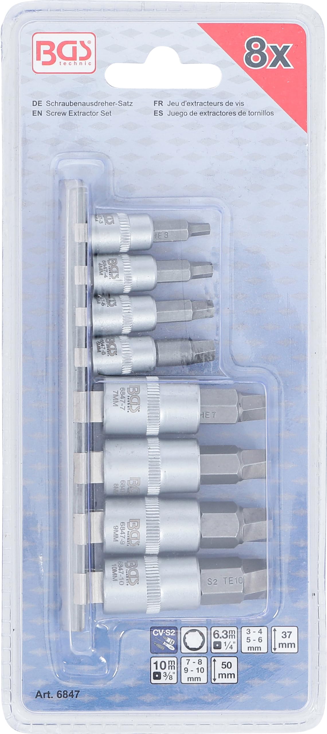 BGS 6847 | Juego de extractores de tornillos | entrada 6,3 mm (1/4") / 10 mm (3/8") / para hexágono interior defectuoso 3 - 10 mm | 8 piezas