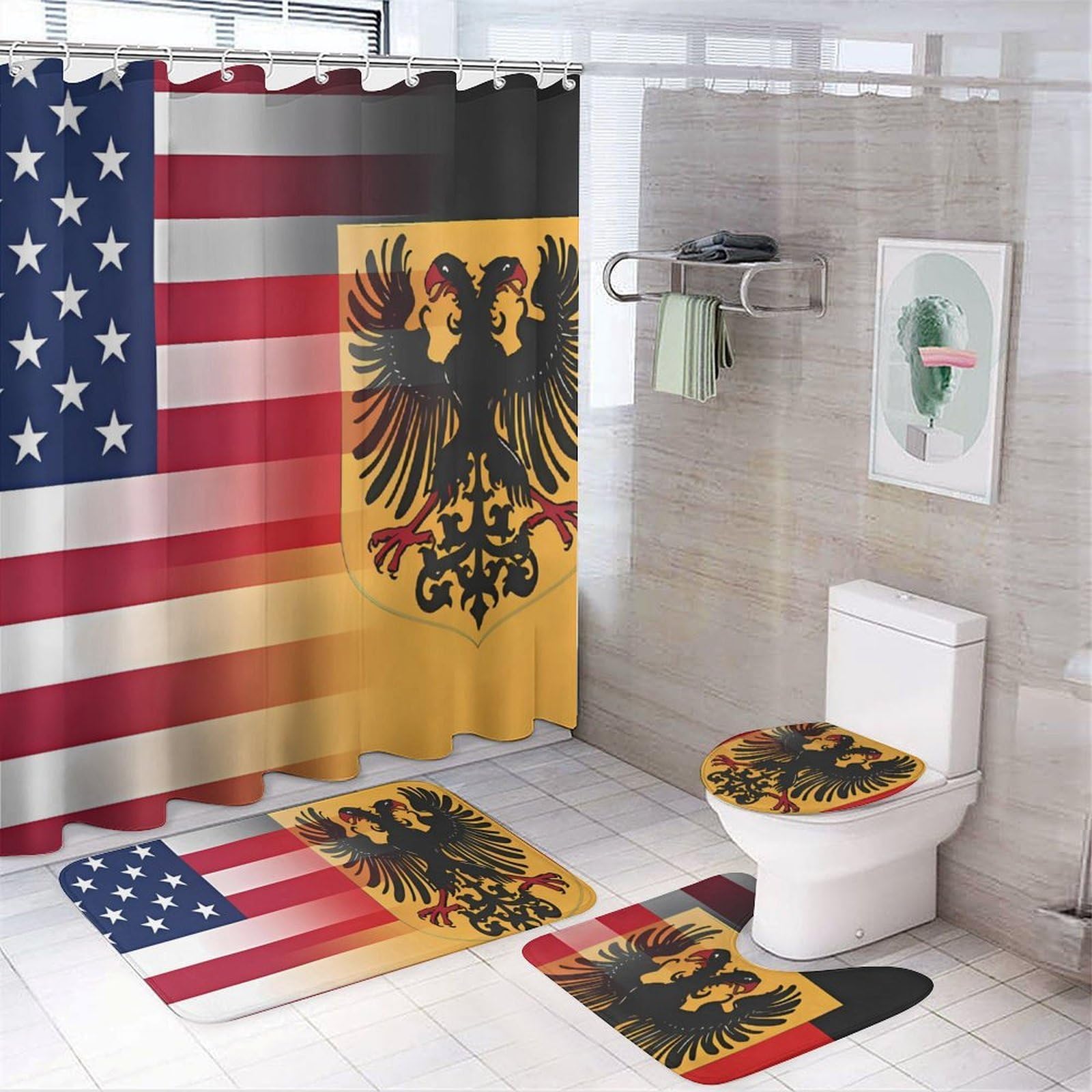 CGSBNGHA U.S. And German Flag Shower Curtain Set 4 Piece Bathroom Sets with Rugs Toilet Lid Cover And U-Shaped Floor Mat