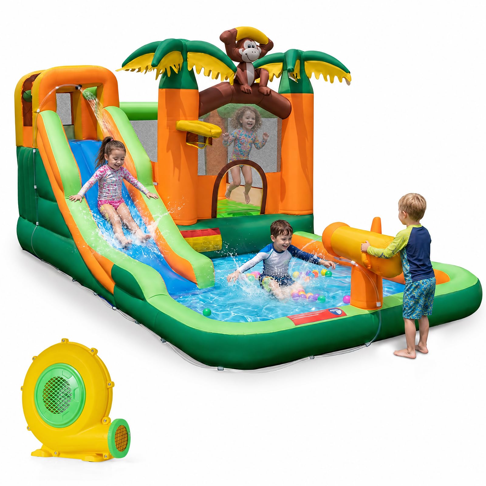 GOPLUS 7 en 1 Castillo Hinchable Mono Parque Infantil Inflable con Tobogán, para 1-3 Niños de 90 kg, 50 Bolas Oceánicas Mono, con Soplador de 680 W