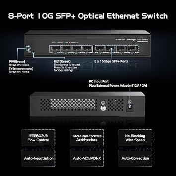 Binardat 8-Port 10 Gigabit SFP+ Managed Switch 1G/10G SFP+ Module Compatible 160Gbps Bandwidth Web/CLI L3 Management Metal Fanless Fiber Desktop Network Switch