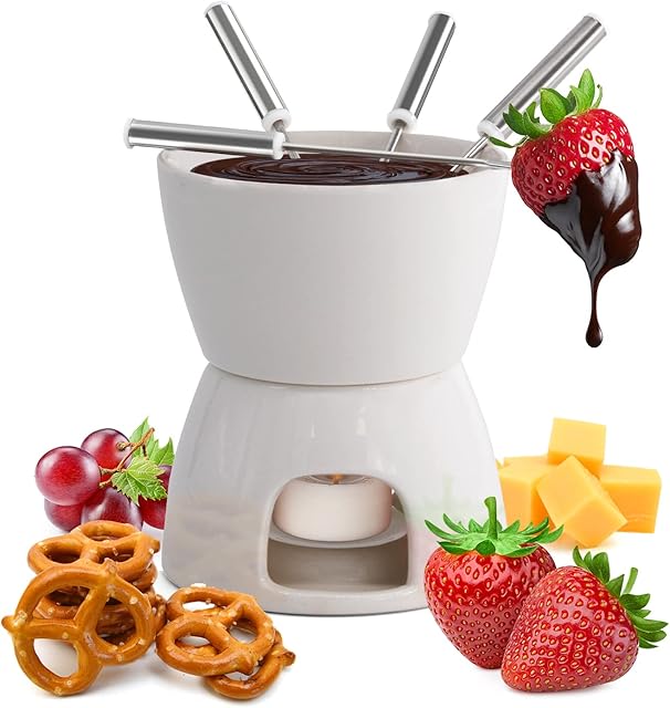 Joejis Ceramic Chocolate Fondue Cookware Complete Cheese Fondue Sets with Fondue Pot Candle & Forks Non Electric Fondue Set Heated with a Tealight Dishwasher-Safe Fondue Mug