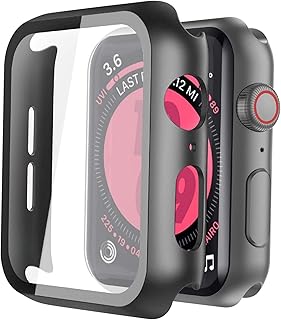 Langboom Black Hard Case Compatible with Apple Watch SE Series 6 Series 5 Series 4 44mm with Screen Protector, iwatch Ultra Thin HD Tempered Glass Screen Protector Overall Protective Cover