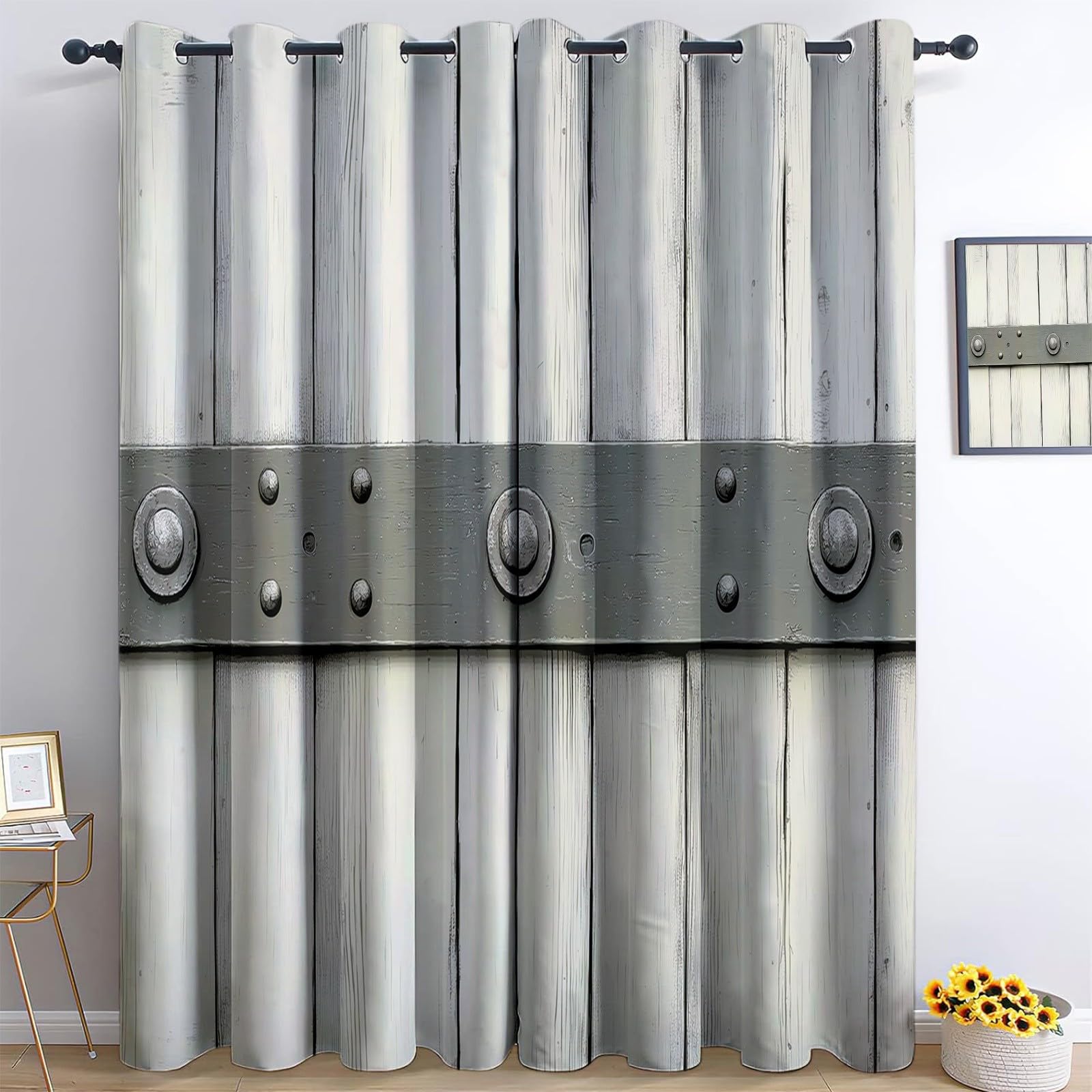 Hellgrau Blickdicht Vorhänge für Wohnzimmer Metall Holz Platte Verdunklungsvorhang mit Ösen, Blickdicht Gardinen Thermovorhang für Schlafzimmer Deko 2er Set, H 260 x B 140 cm