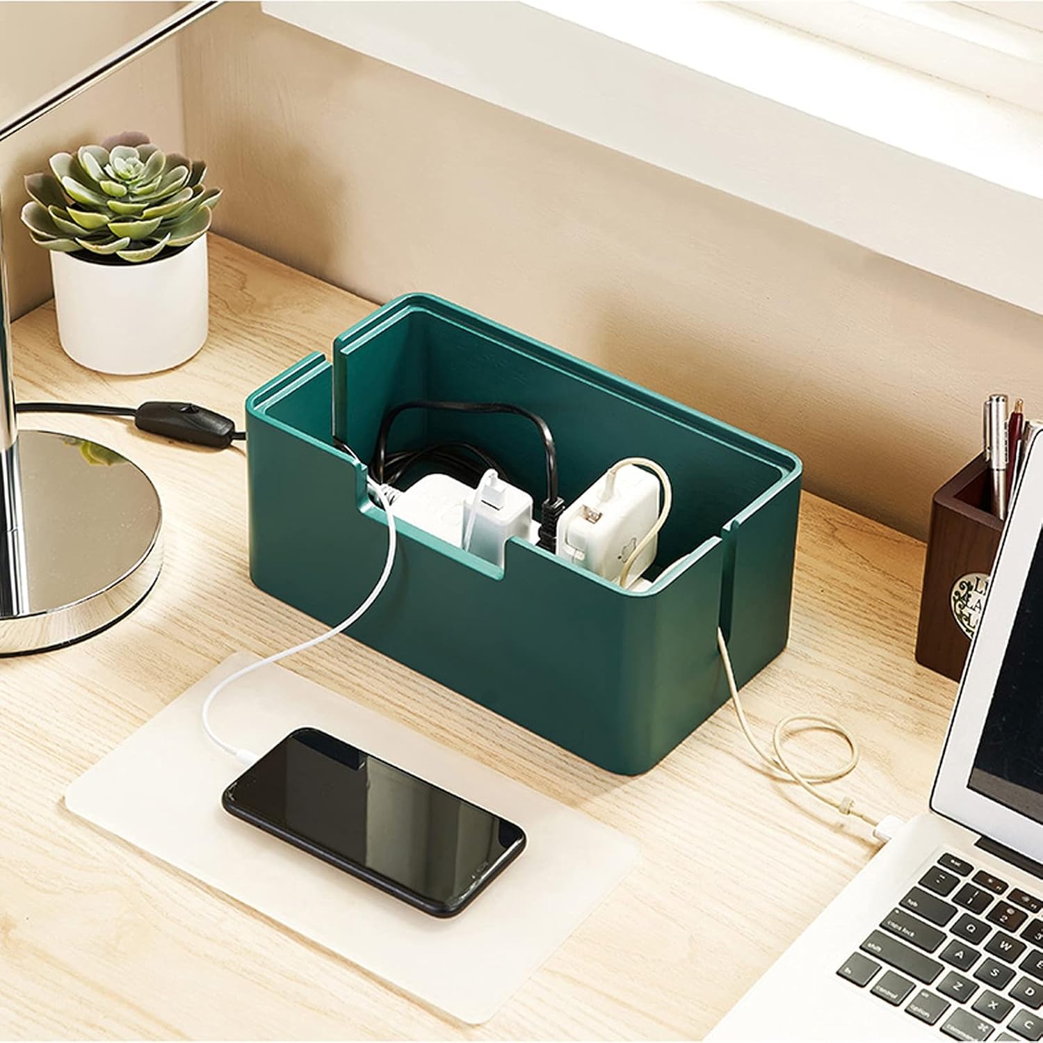 Creative and Simple Wooden Desktop Power Strip Storage Box Cord Organizer Cover Hiding Box Front Sides Opening Cable Cords Organizer Boxes (Natural)