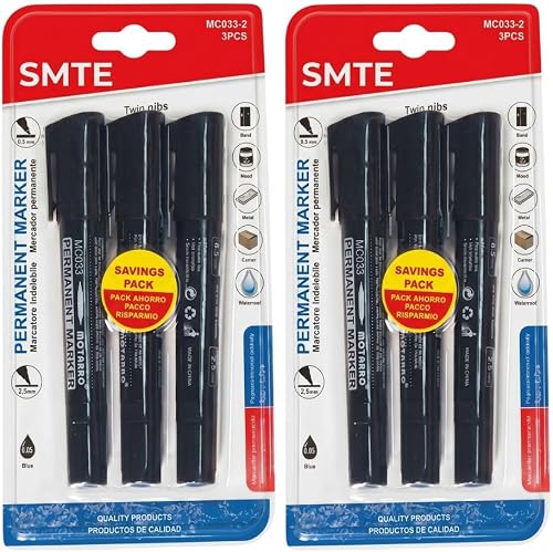 SMTE-MC033-2 Dual Tip Permanent Markers Black 2-Pack (Each Pack Contains 3 Pieces, 6 Markers Total), Chisel and Bullet Twin Nibs, Waterproof Ink for School and Office