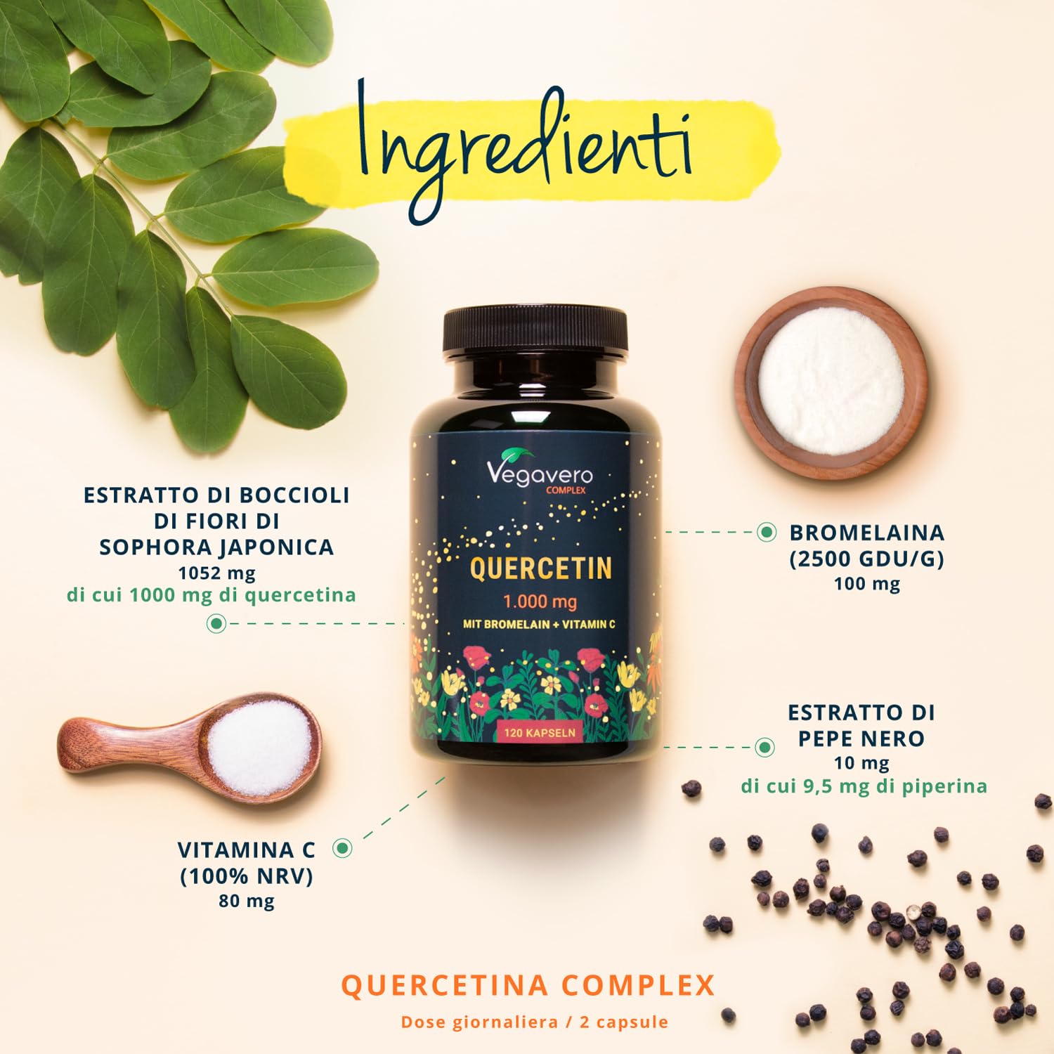 Quercetina Complex | 1000mg | Sophora Japonica | Con Bromelina, Vitamina C e Pepe Nero | Integratore di Flavonoidi | Alto Dosaggio | Vegan | Senza Additivi | Vegavero®