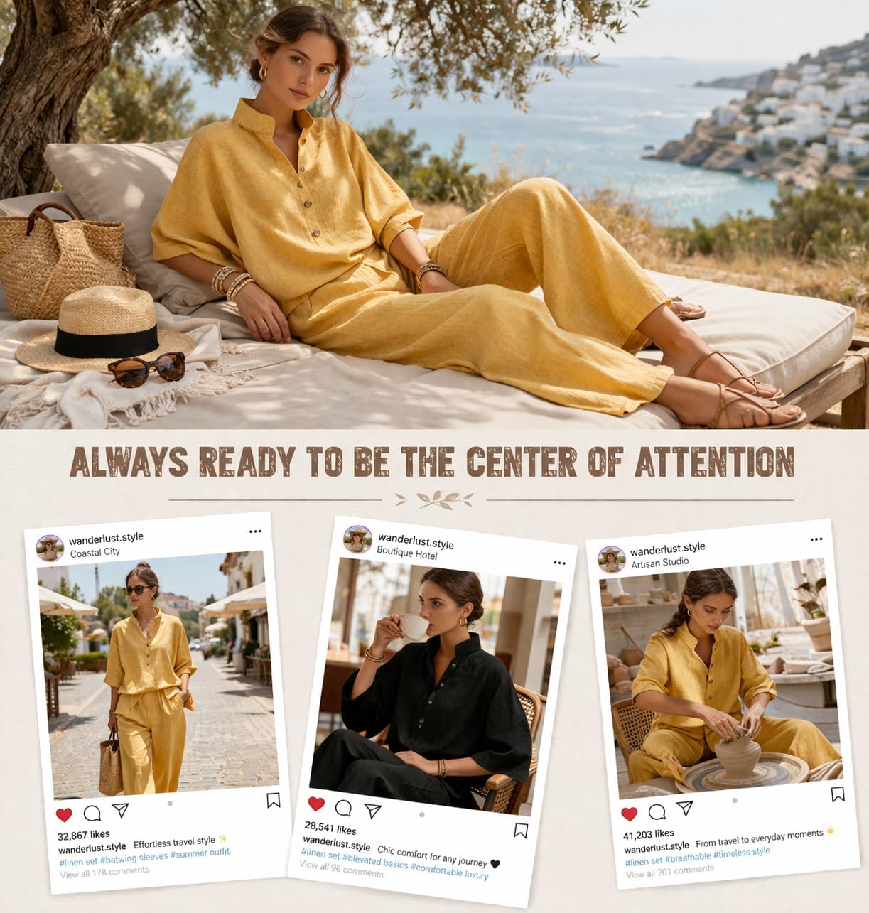 Women’s Batwing Sleeve Linen Cotton Two-Piece Set – Casual Shirt & Wide Leg Pants Outfit, Women's Shirt Suit
