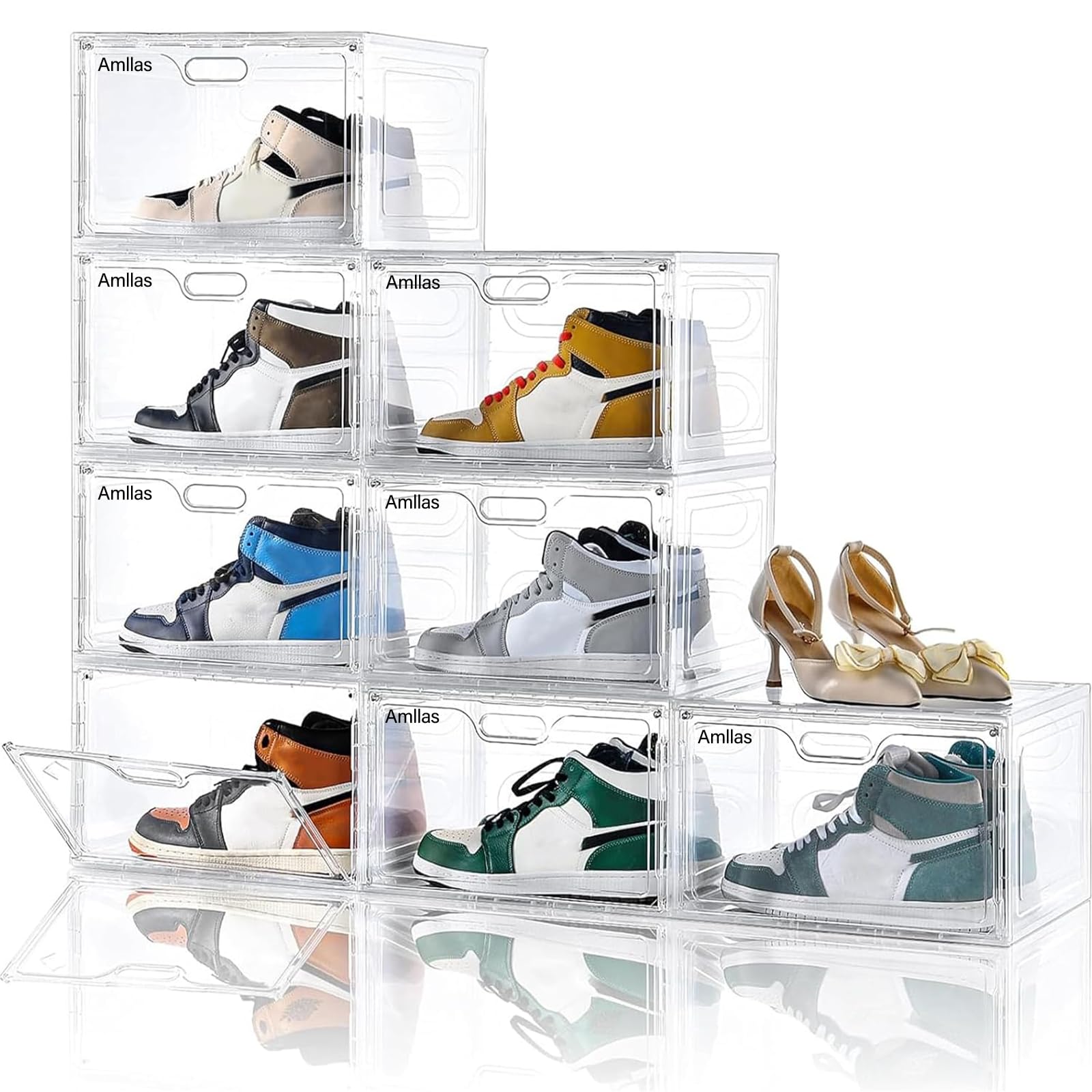 Amllas Confezione da 8 scatole per scarpe in plastica trasparente impilabili, grandi organizer per scarpe con coperchi, contenitori per scarpe da ingresso e scarpe da ginnastica fino alla taglia US 13