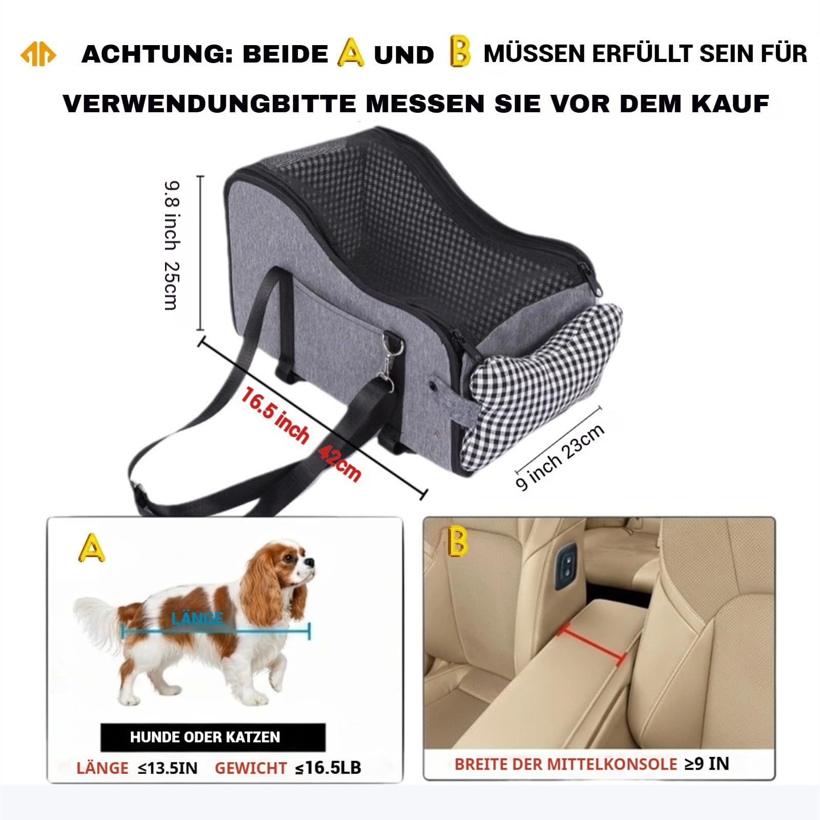 Mittelkonsole Hundeautositz, Haustier-Welpen-Autositz, Mittelkonsole, Armlehne für kleine Hunde (Kariert) (Grau)