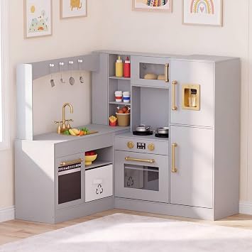 Corner Wooden Play Kitchen with Lights & Sounds, Ultimate Pretend Cooking Toy Playset w/Utensils, Oven, Microwave, Stove, Water Dispenser Gray