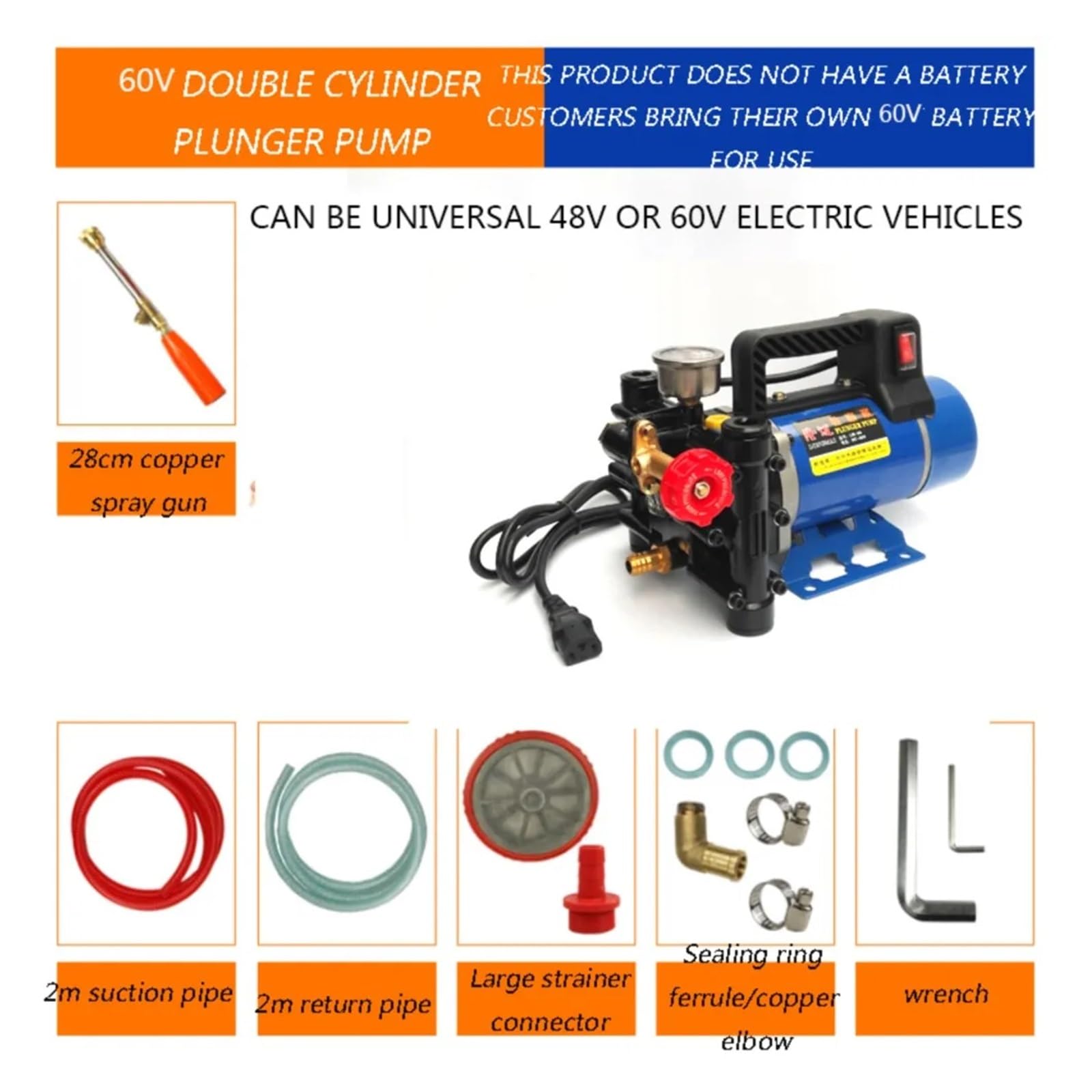 Elektryczna pompa wysokociśnieniowa do opryskiwania myjni samochodowej, opryskiwacz nawadniania, 12 V/24 V/60 V/72 V/220, rolniczy tłokowy Do użytku DIY(220)