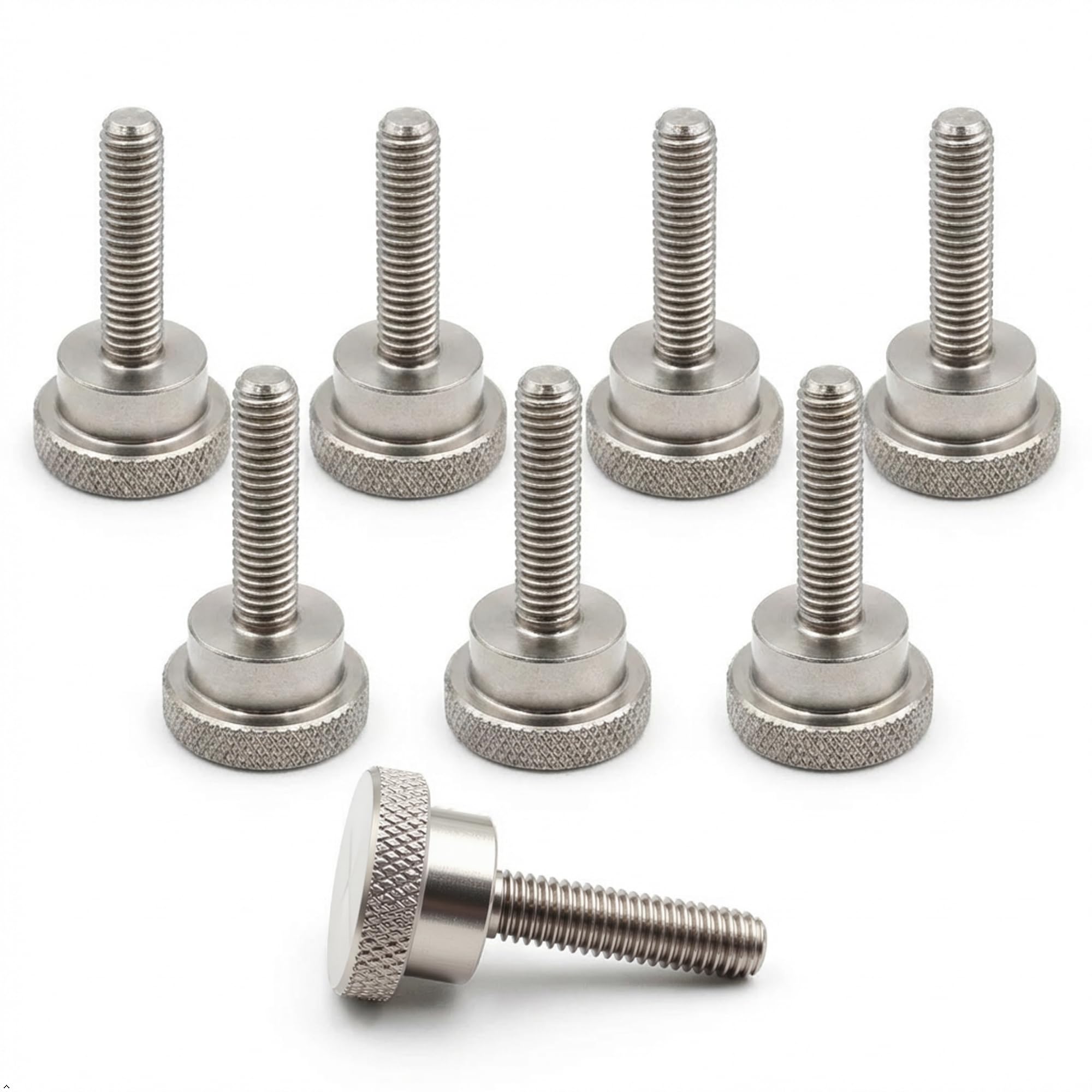 PrecisionGeek® M8 Knurled Screws – Ø16 mm Head – 20 mm Length (Stainless Steel · Flanged Head · Set of 8)