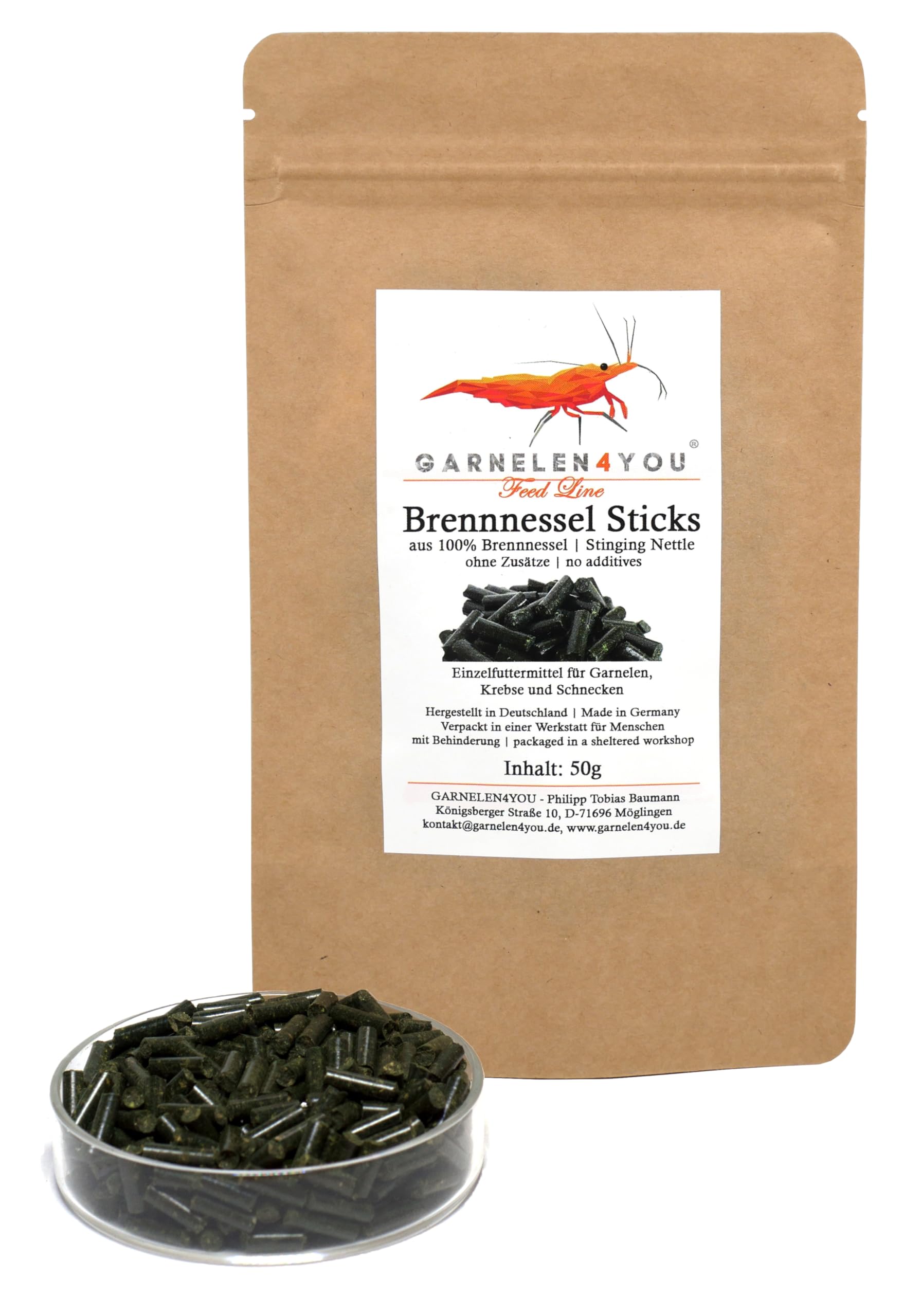 SHRIMP4YOU GARNELEN4YOU® Bâtonnets d'ortie | Nourriture pour crevettes de qualité supérieure | Emballage Durable | Fabriqué en Allemagne | Granulés Alimentaires pour crevettes, crabes, escargots & Co