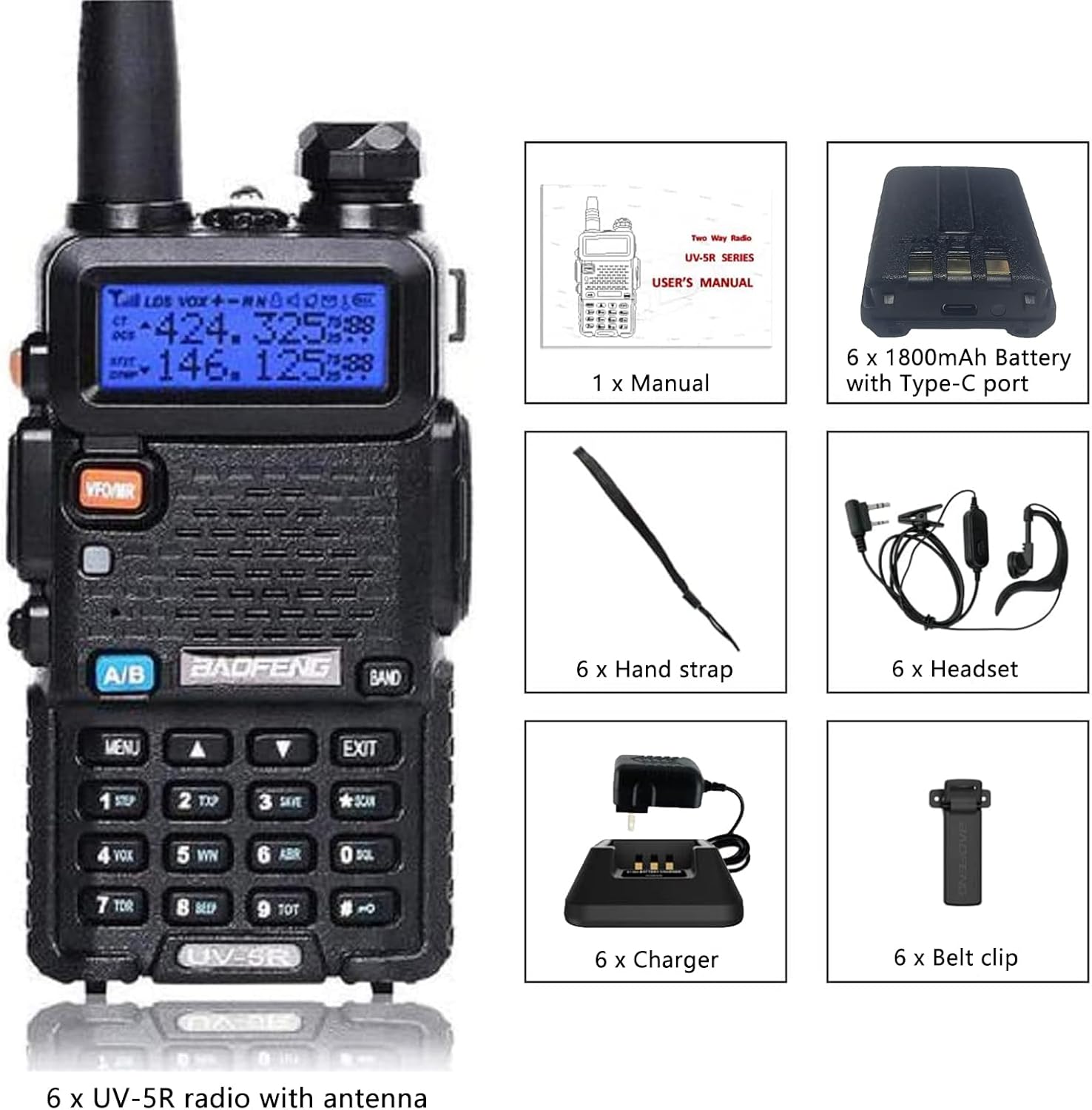 Baofeng UV-5R Dual Band Two Way Radio with 1800mAh USB-C Charge Pack of 6 for Hiking Camping Hunting Skiing Trip(Black)