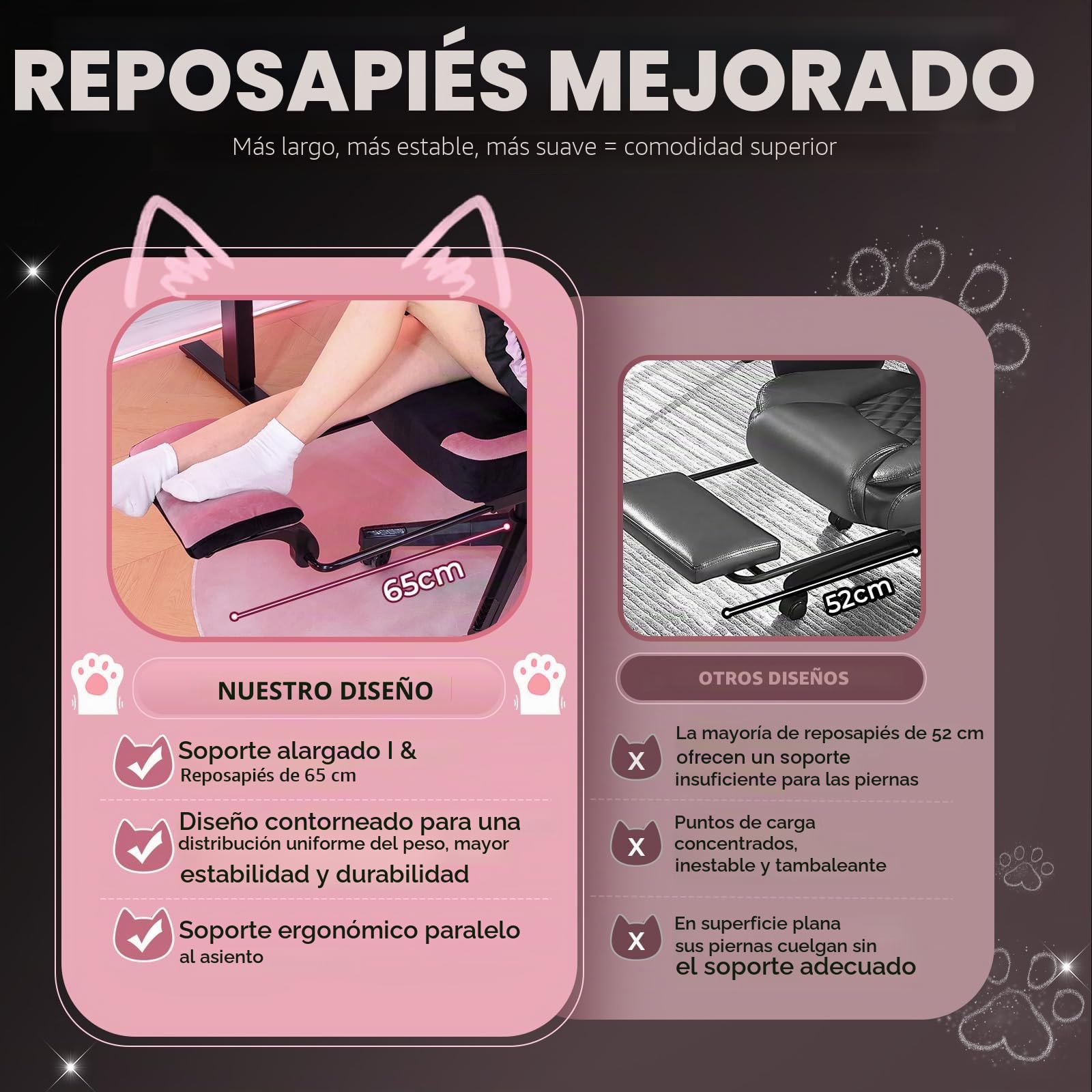 GTPLAYER Linda Silla de Gaming con Tela de Terciopelo, Silla de Gaming, Silla ergonómica de Oficina, Silla Gamer, con Orejas de Gato, Espuma viscoelástica y reposapiés, 150 kg, Color Rosa