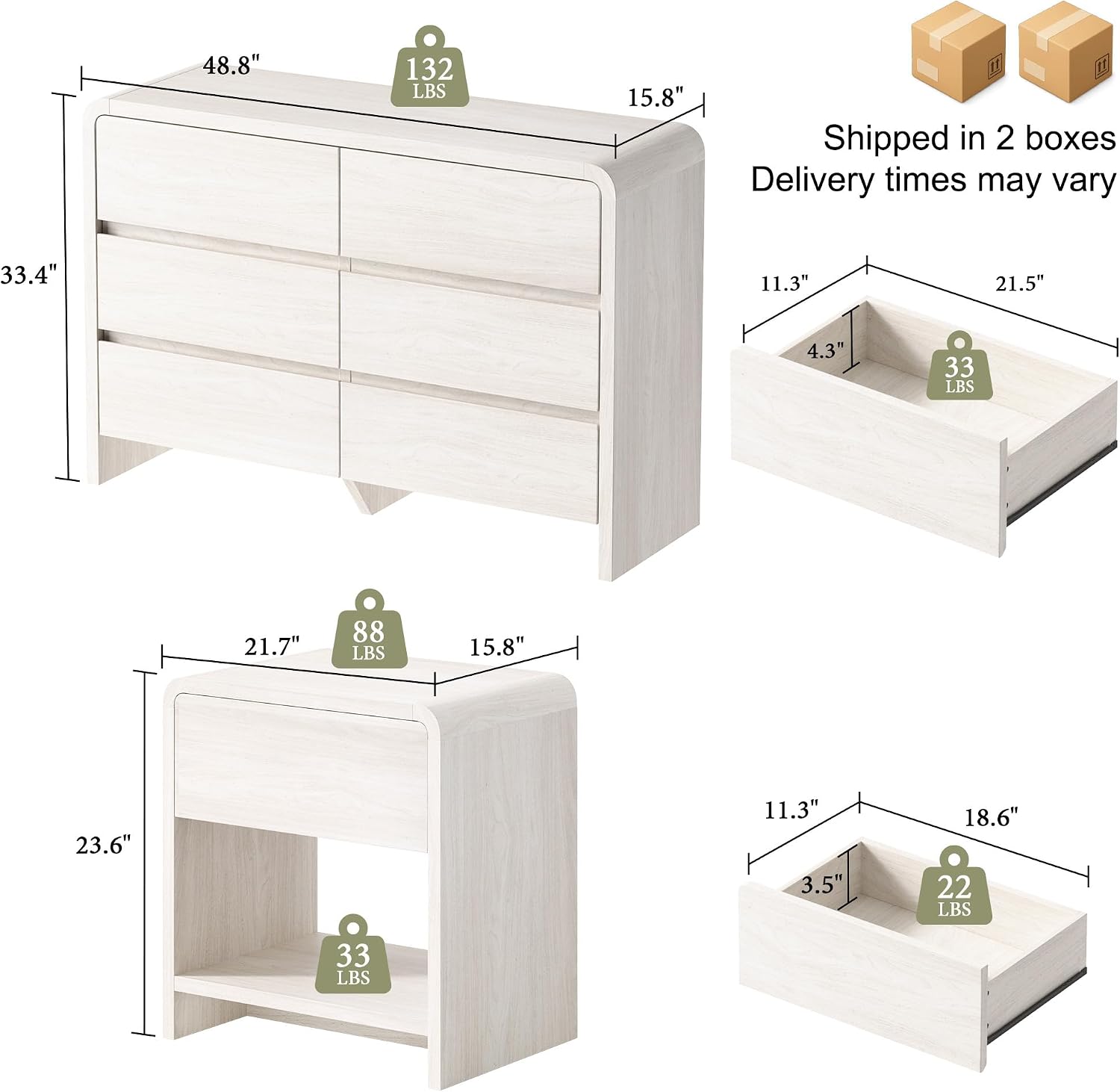 Diagram showing the dimensions of the 6-drawer dresser and a nightstand, along with drawer capacities.
