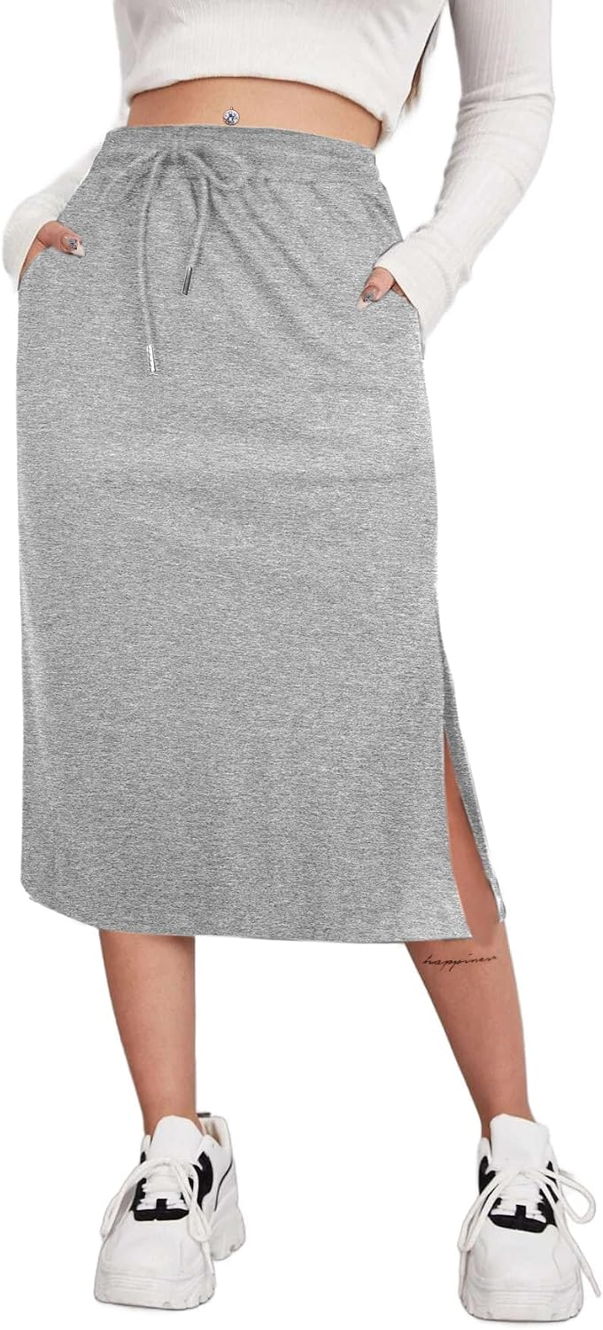 SOFIA’S CHOICE Women’s Midi Skirt Drawstring High Waist Slit Skirts with Pockets