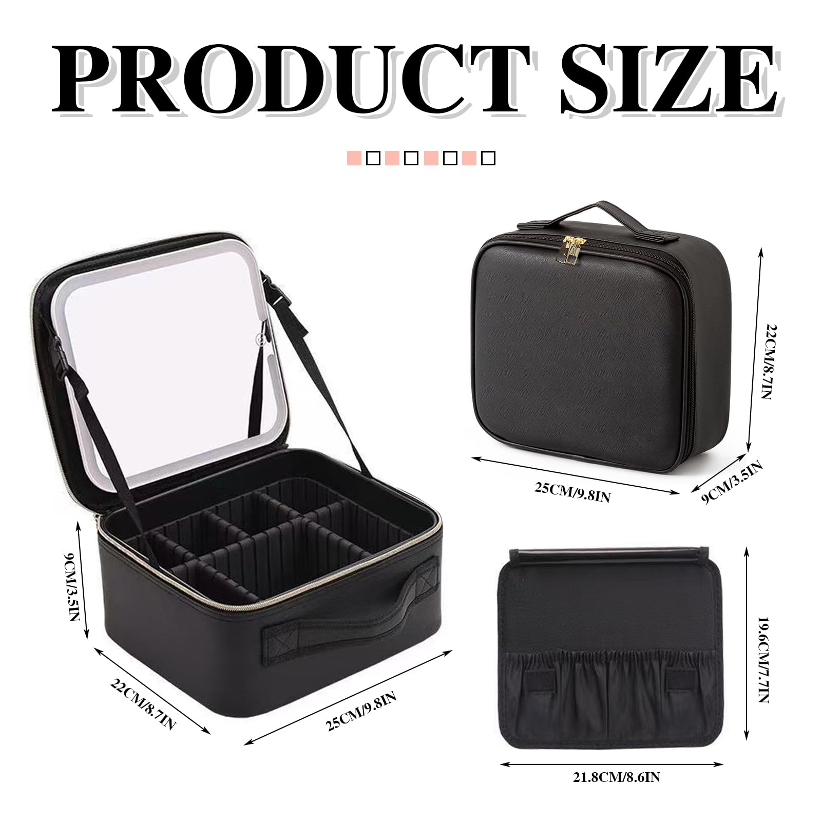 Kosmetiktasche mit LED Beleuchtung Spiegel, Kosmetikkoffer Damen Make up Tasche Make up Koffer Reise Schminkkoffer Damen, Einstellbare Helligkeit in 3 Farben, Makeup Organizer für Geschenk (Schwarz)