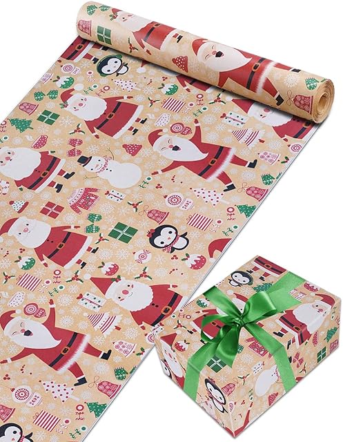 Christmas Wrapping Paper Roll 44CM x 30M(17in x 100ft), TOYPOPOR 13 Styles Lovely Eco-Friendly Recycled Wrapping Paper for Choice, 100GSM Thick Kraft Paper for Gifts, Holiday, Party - Santa Claus