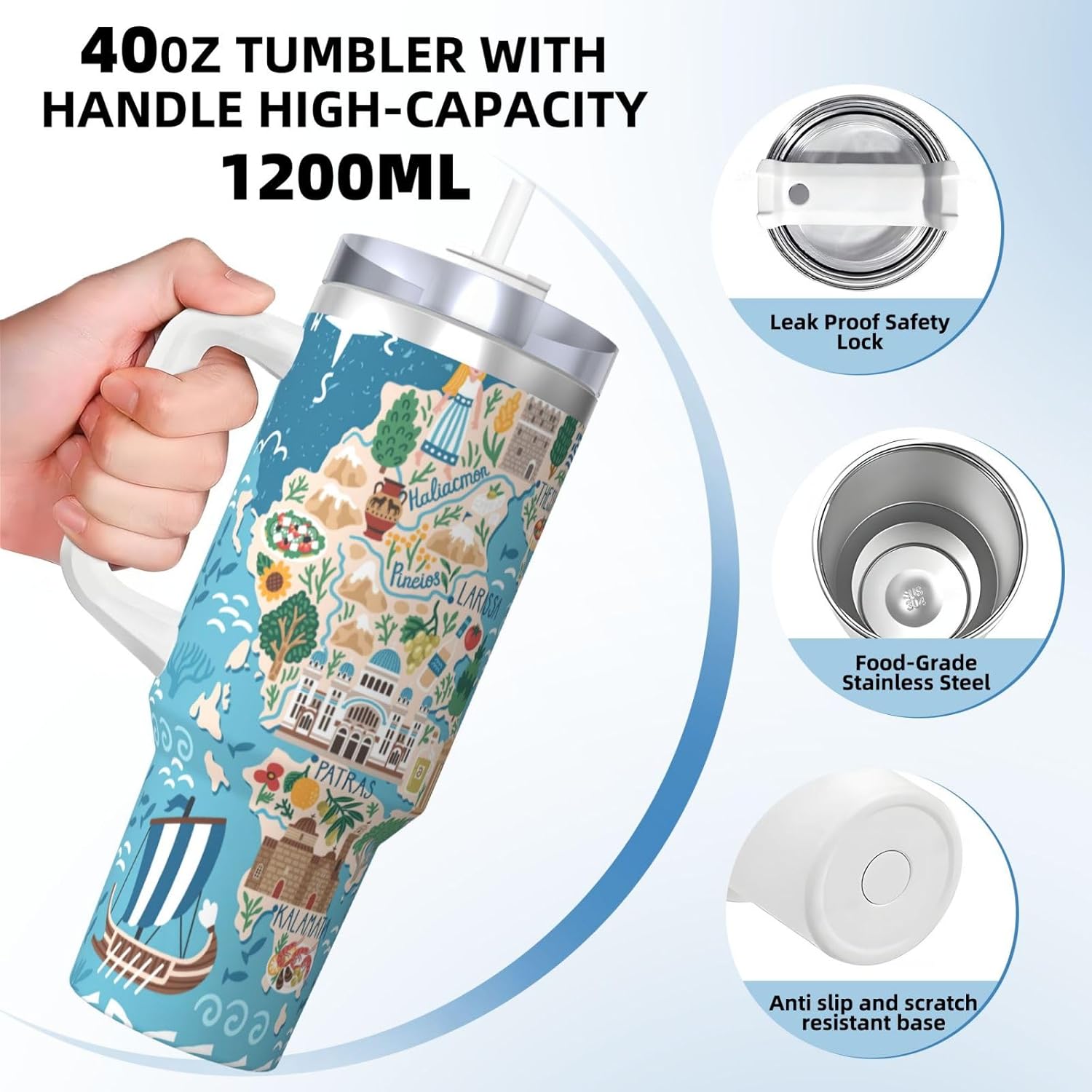 40 OZ Greece Map Print Ice Bully Cup with Handle Straw Lid Straw,Stainless Steel Tumbler Coffee Cup
