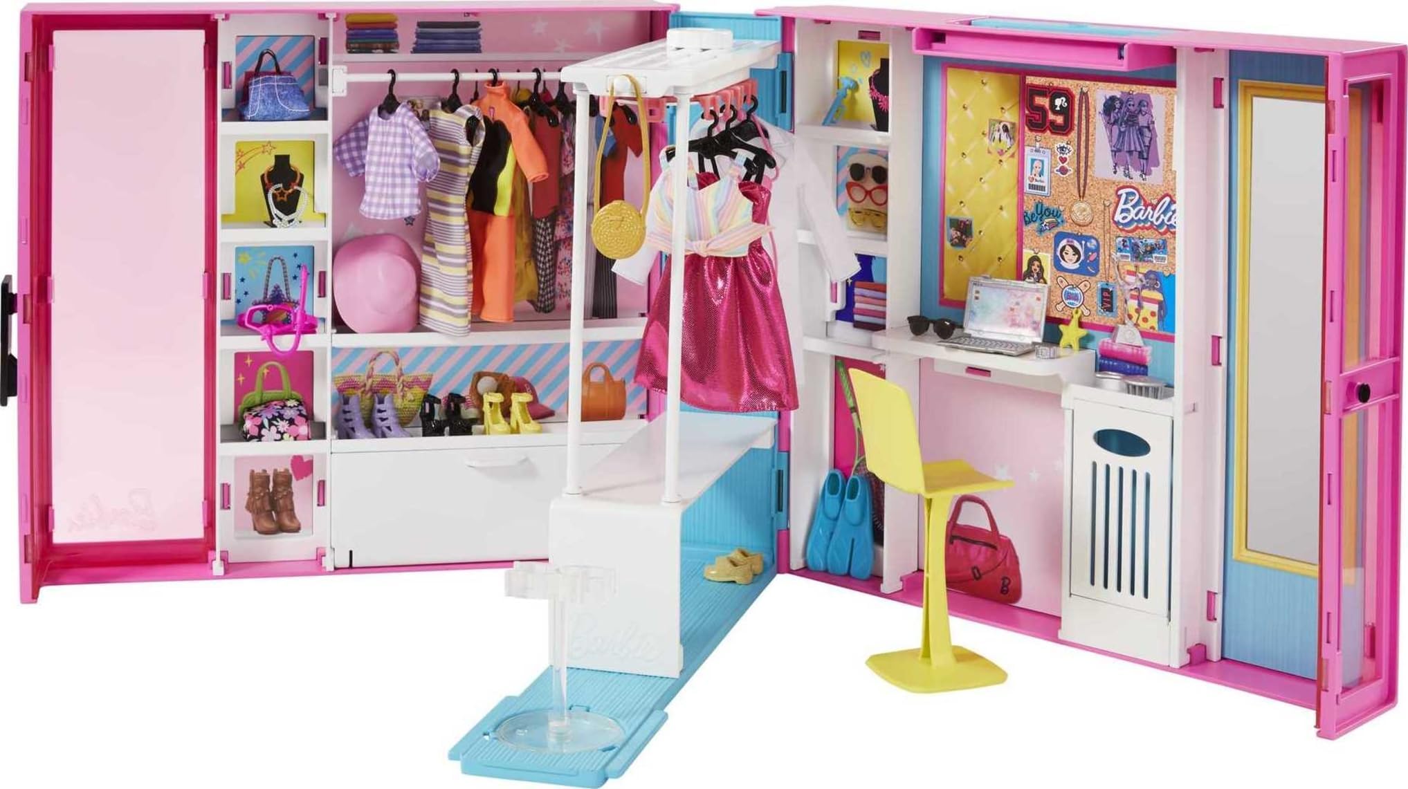 Dream Closet Playset with 30+ Clothes & Accessories for Barbie Fashion Dolls Including 5 Outfits, Plus Mirror, Desk & Rotating Rack