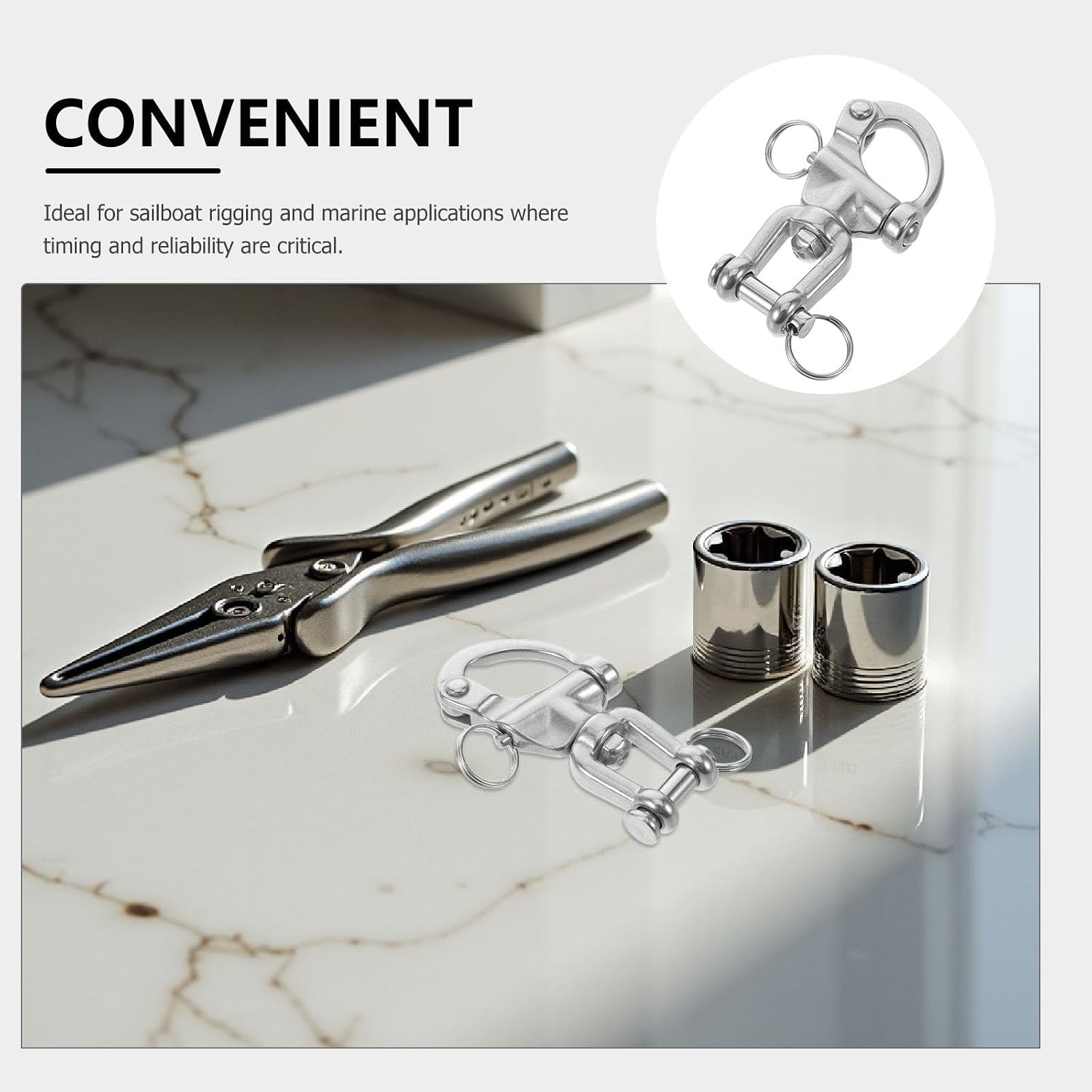 Quick Release Snap Shackle with Swivel Connection for Sailboat Rigging Heavy Duty Stainless Steel Smooth Operation, Tangle Prevention and Marine Applications