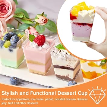 Dessert Cups 150ML/5OZ Reusable Clear Square Dessert Bowls Serving Bowls | 50Pcs PP Cheesecake Pots with 50 Spoons, Appetizer Cup for Puddings Mousses Parfaits Trifles Tiramisu Party Birthday