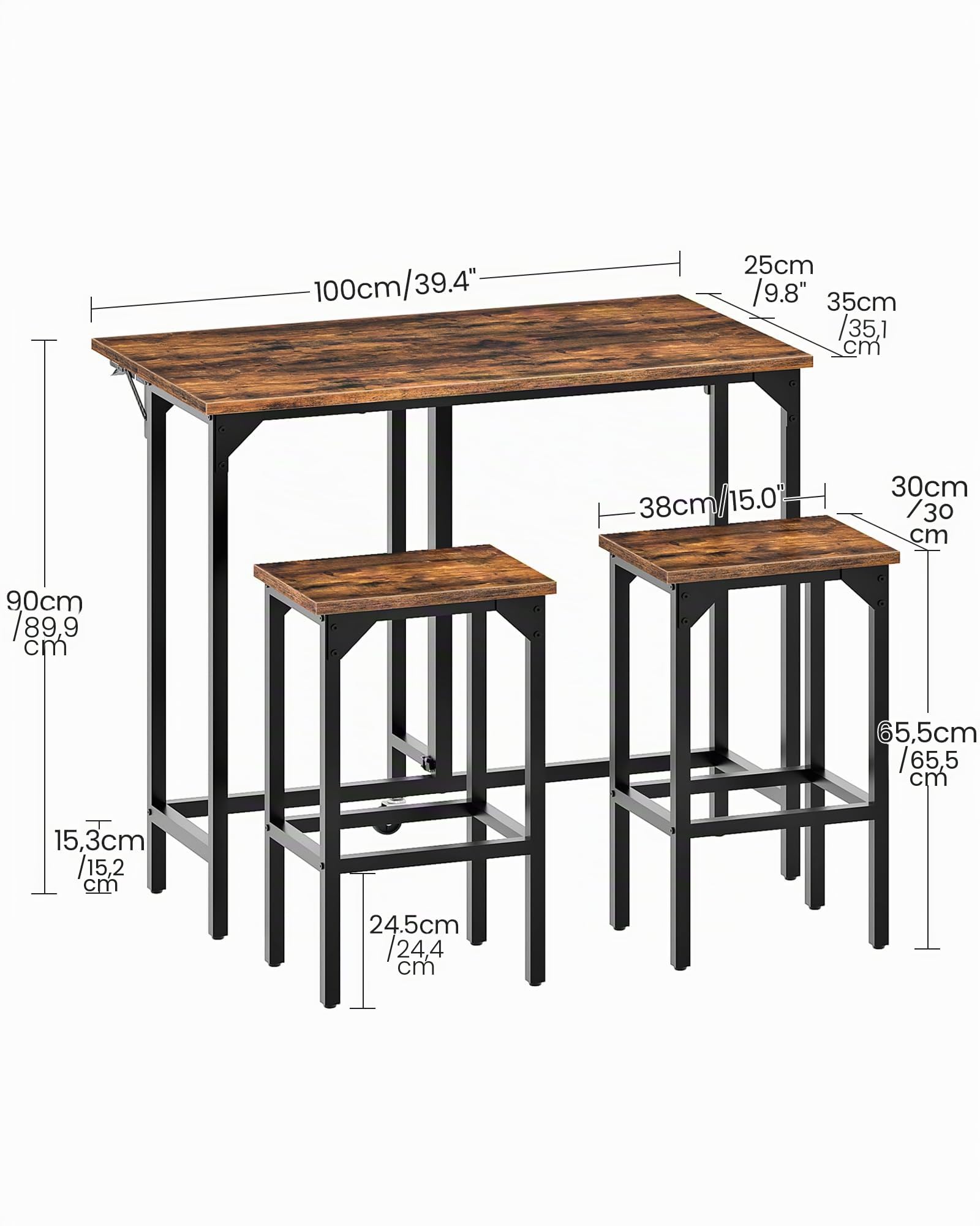 CHOEZON Juego de Mesa de Bar y 2 Taburetes, Mesa Alta Plegable de 100 cm, Estilo Industrial, para Comedor, Salón o Bar, Marrón Rústico y Negro DTBT02BF