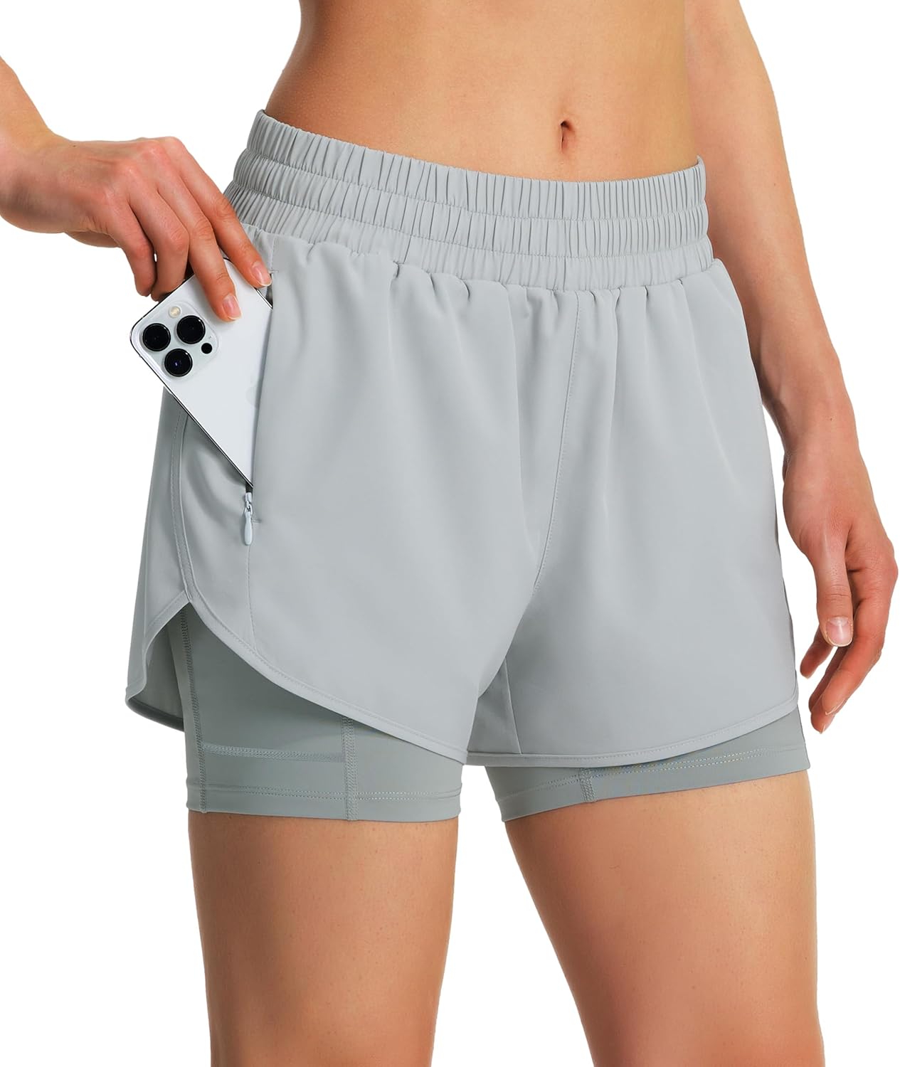 Ksmien Women's 2 in 1 Running Shorts Quick Dry Athletic Gym Workout Shorts with Liner Phone Pockets