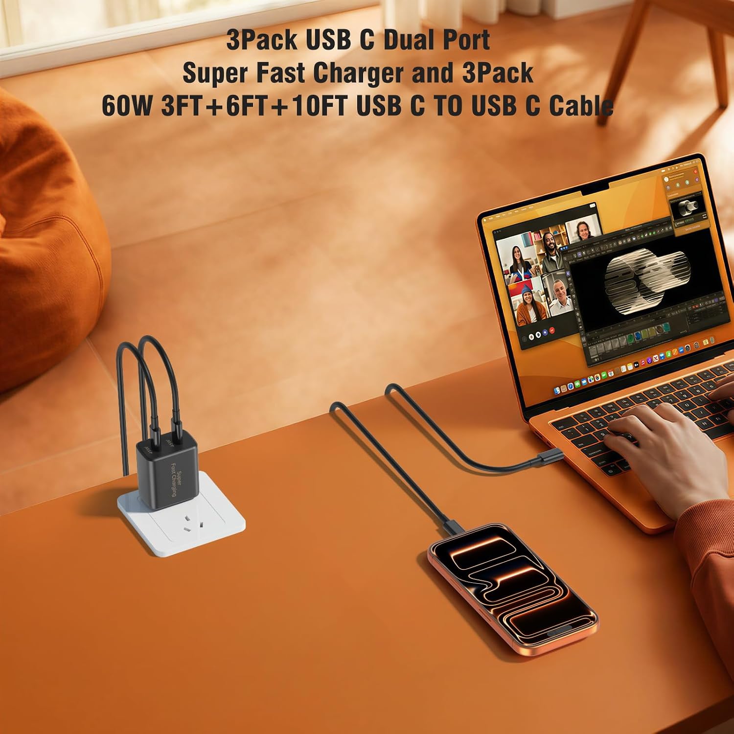 45W 3Pack Black Super Fast Charger USB C Dual Port Charger Type C Fast Charging Block with 60W [3FT+6FT+10FT] USB C to USB C Charger Cord for Galaxy S26/S25/S24,for iPhone 17/16/15,for iPad and More