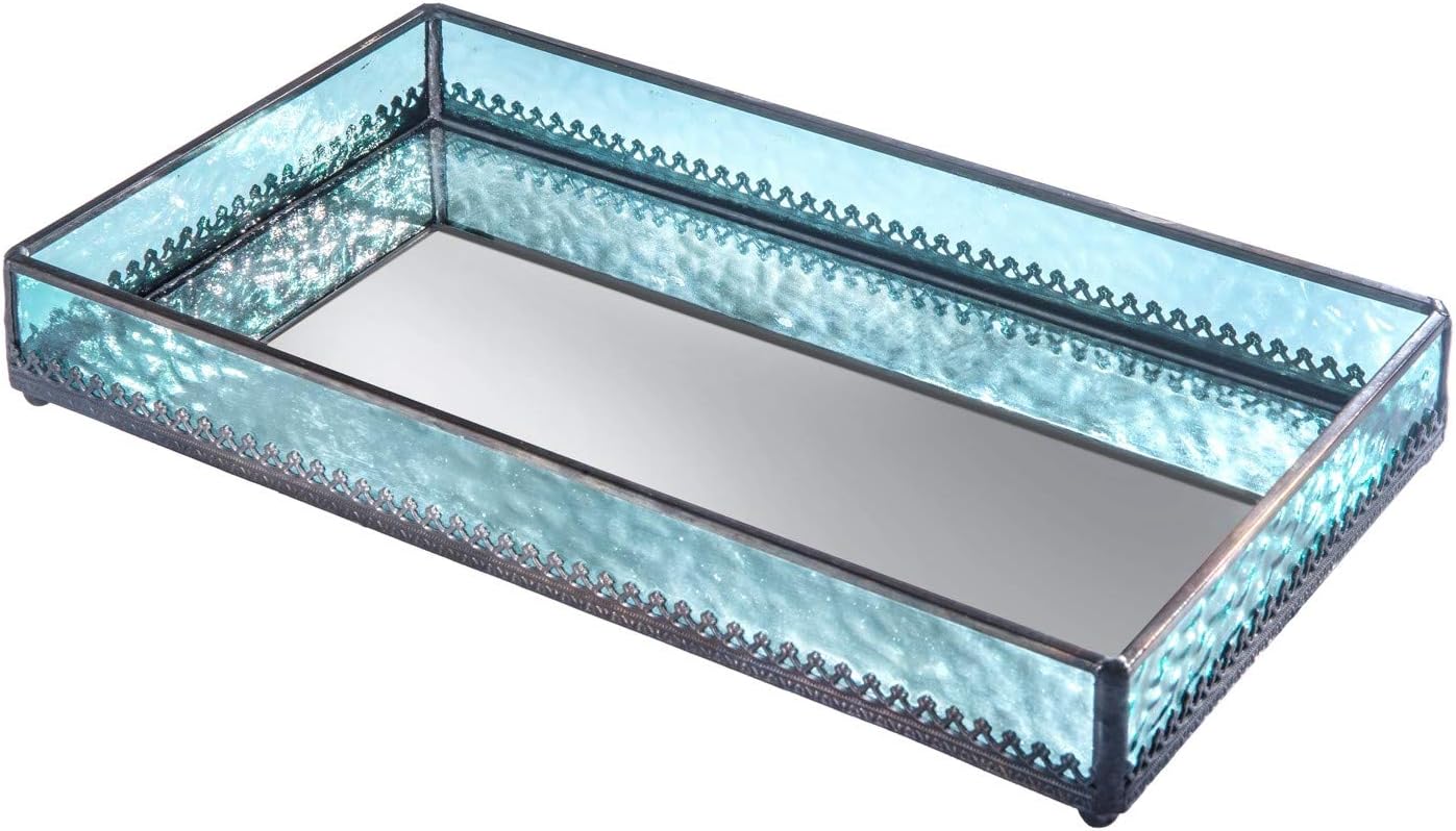 Turquoise Blue Glass Tray Mirrored Bottom Decorative Bathroom Vanity Cosmetic Makeup Organizer Jewelry Display Perfume Holder Dresser Home Décor Candle Tray Gift for Woman J Devlin Tra 126 : Home & Kitchen