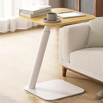Adjustable Height C Shaped End Table,Round Couch Side Table,Iron Bracket Tv Tray Table,Modern Small Coffee Table,Slide Under Couch Table,for Living Room,IndoorWhite,48 * 48cm/19 * 19in