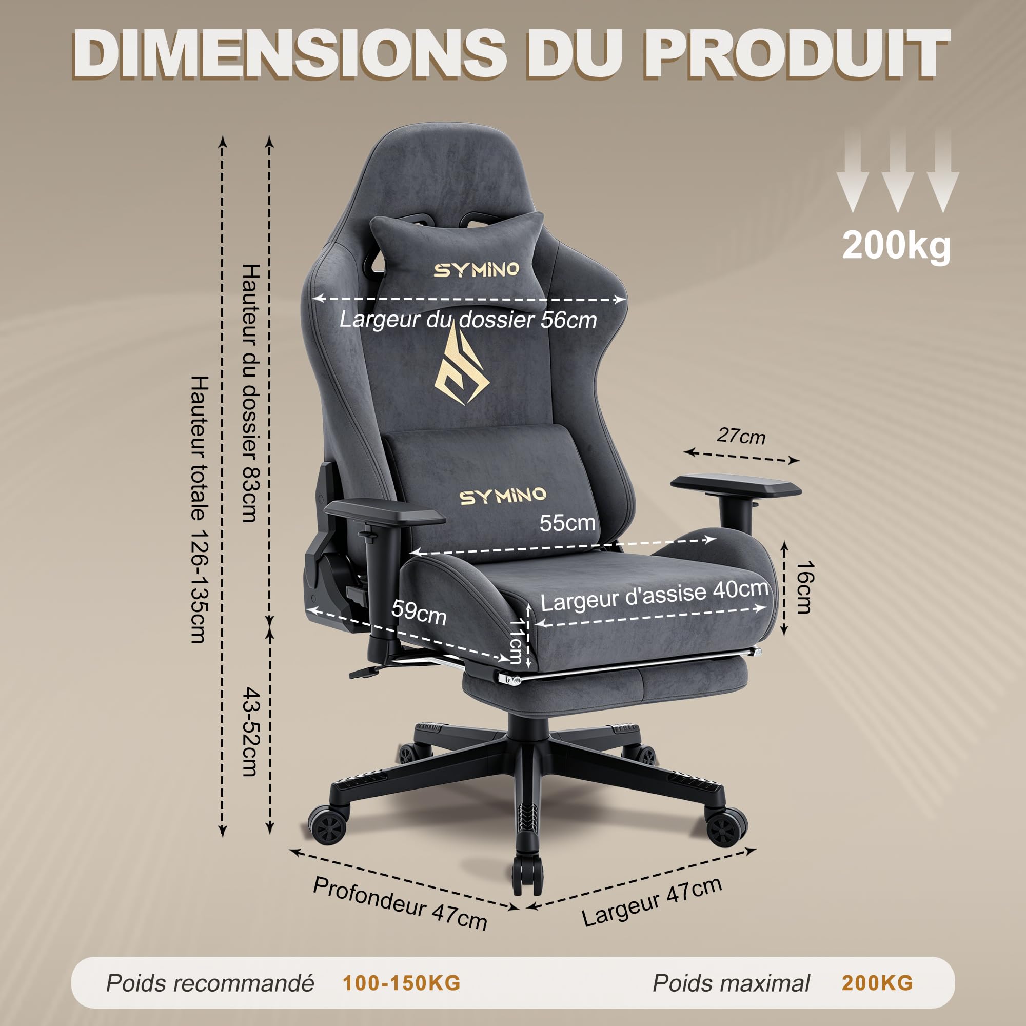 Symino Chaise Gaming Ergonomique et Fauteuil Gamer avec Repose-Pieds Télescopique Coussin à Ressorts, Support Lombaire et Hauteur Réglable 200kg (Faux Daim, Gris)