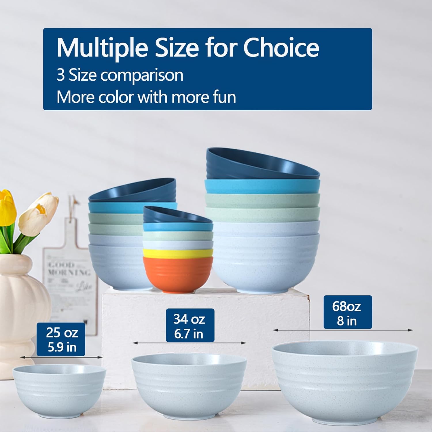 【6 Pcs】Unbreakable Mixing Bowls Unbreakable Salad Bowls, 68 Ounces Microwave and Dishwasher Safe BPA-Free Serving Bowls for Cereal,Salad,Soup,Ramen,Noodle,Oatmeal,Snack Apply to Kitchen,Freezer