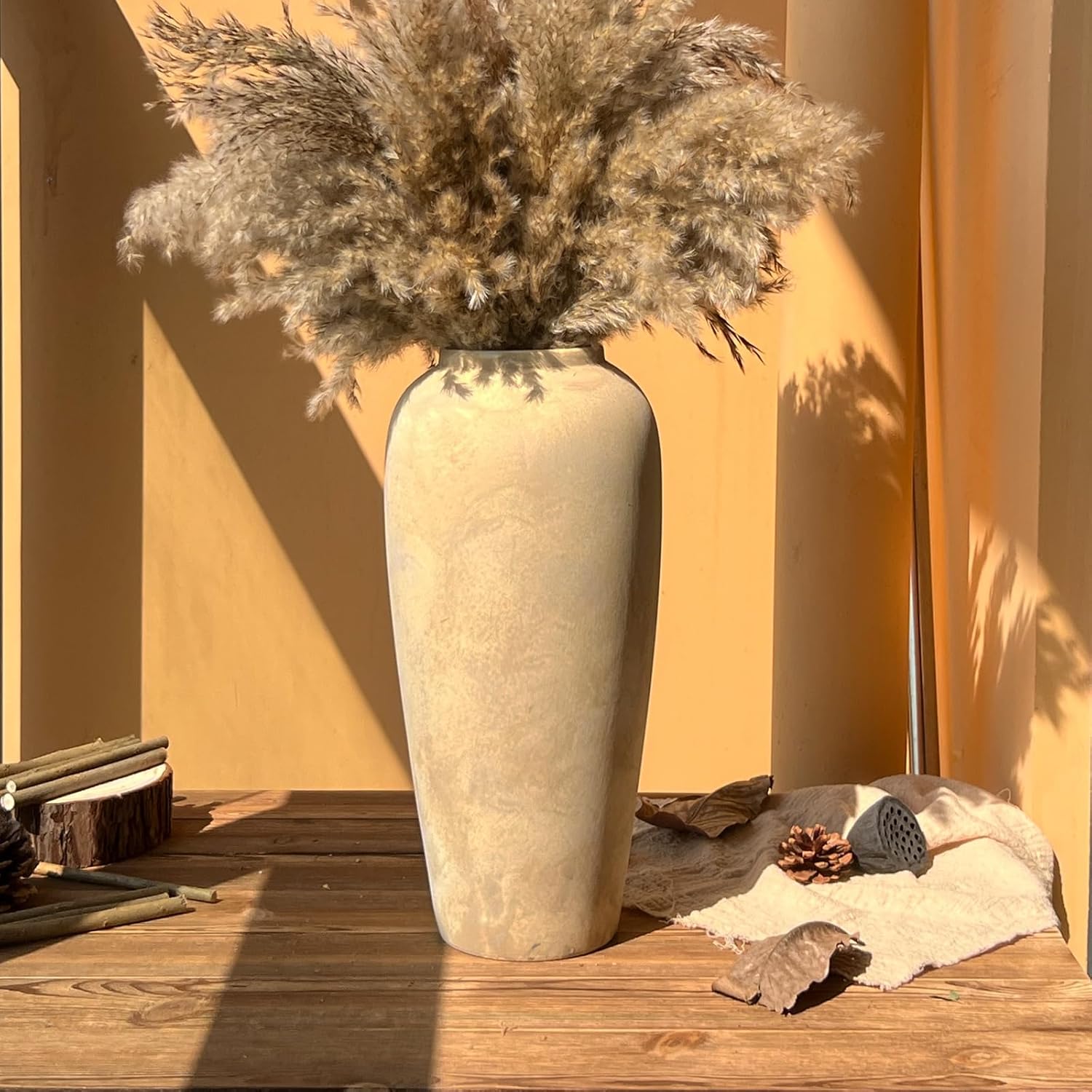 15 Inch Farmhouse Decor Ceramic Rustic Vase,Beige Handmade Flower Vases for Centerpieces,Pottery Vase for Living Room,Kitchen & Bedroom Decor,Vintage Ceramic Vases for Wedding